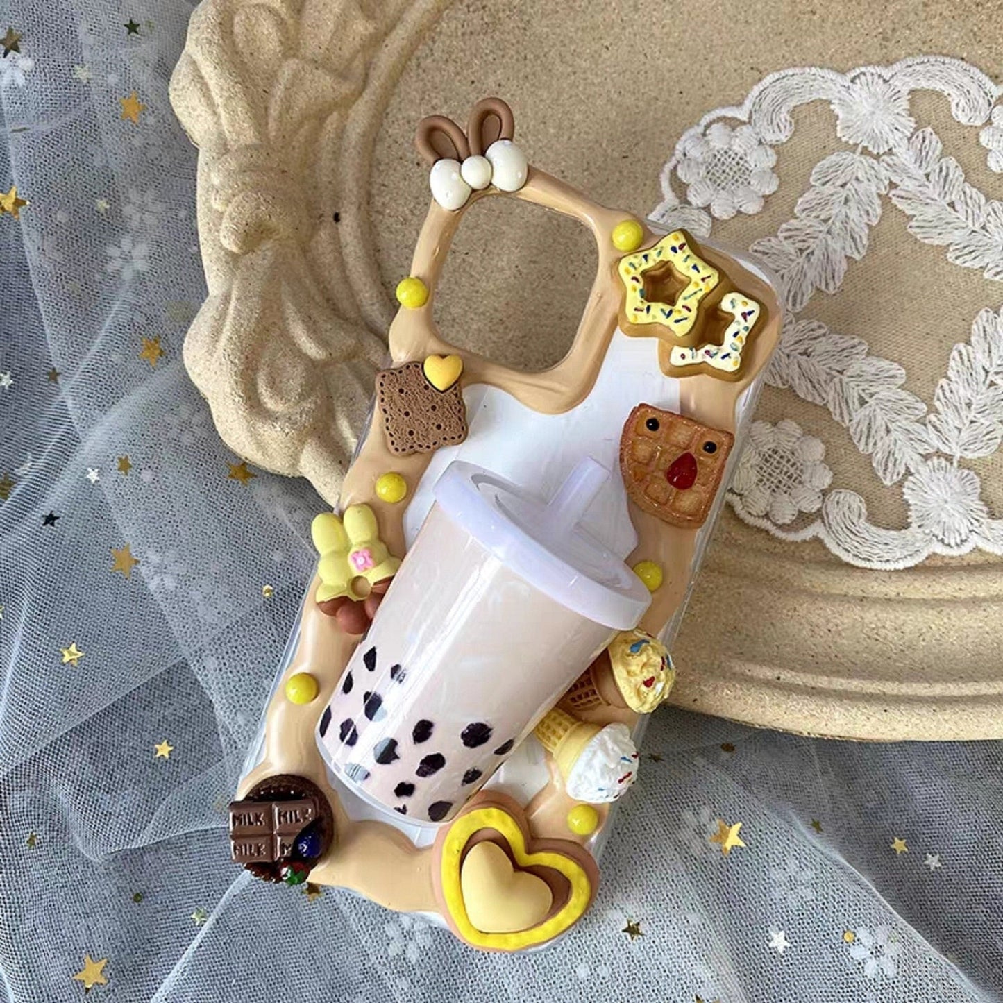 Decoden Custom Phone Case DIY Craft Kit | Bubble Tea Drink Cookies Biscuits Ice Cream Charms | Samsung Android iPhone