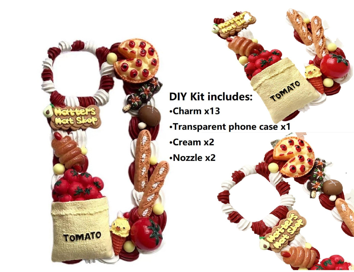 Decoden Custom Phone Case DIY Craft Kit | Food Bread Pizza Tomatoes Wrapped Hot Dog Mushrooms Charms | Samsung Android