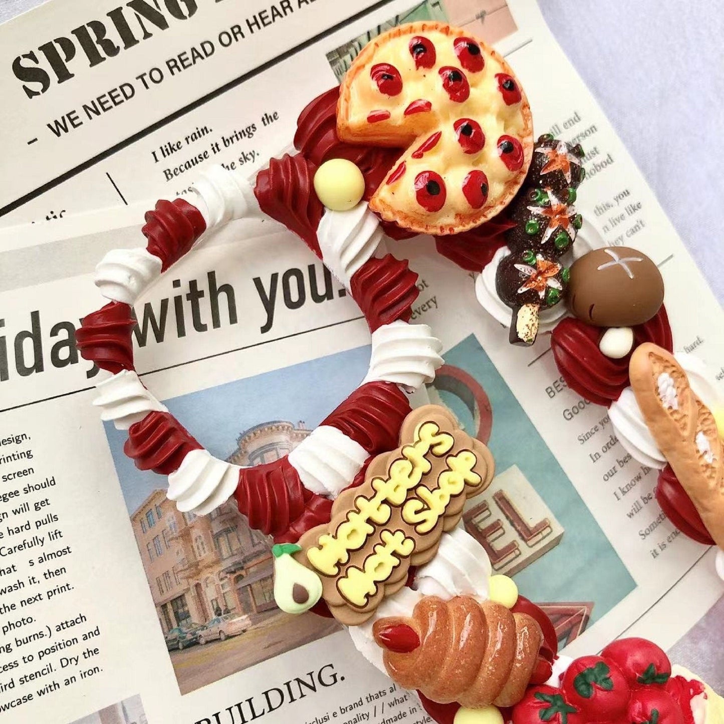 Decoden Custom Phone Case DIY Craft Kit | Food Bread Pizza Tomatoes Wrapped Hot Dog Mushrooms Charms | Samsung Android