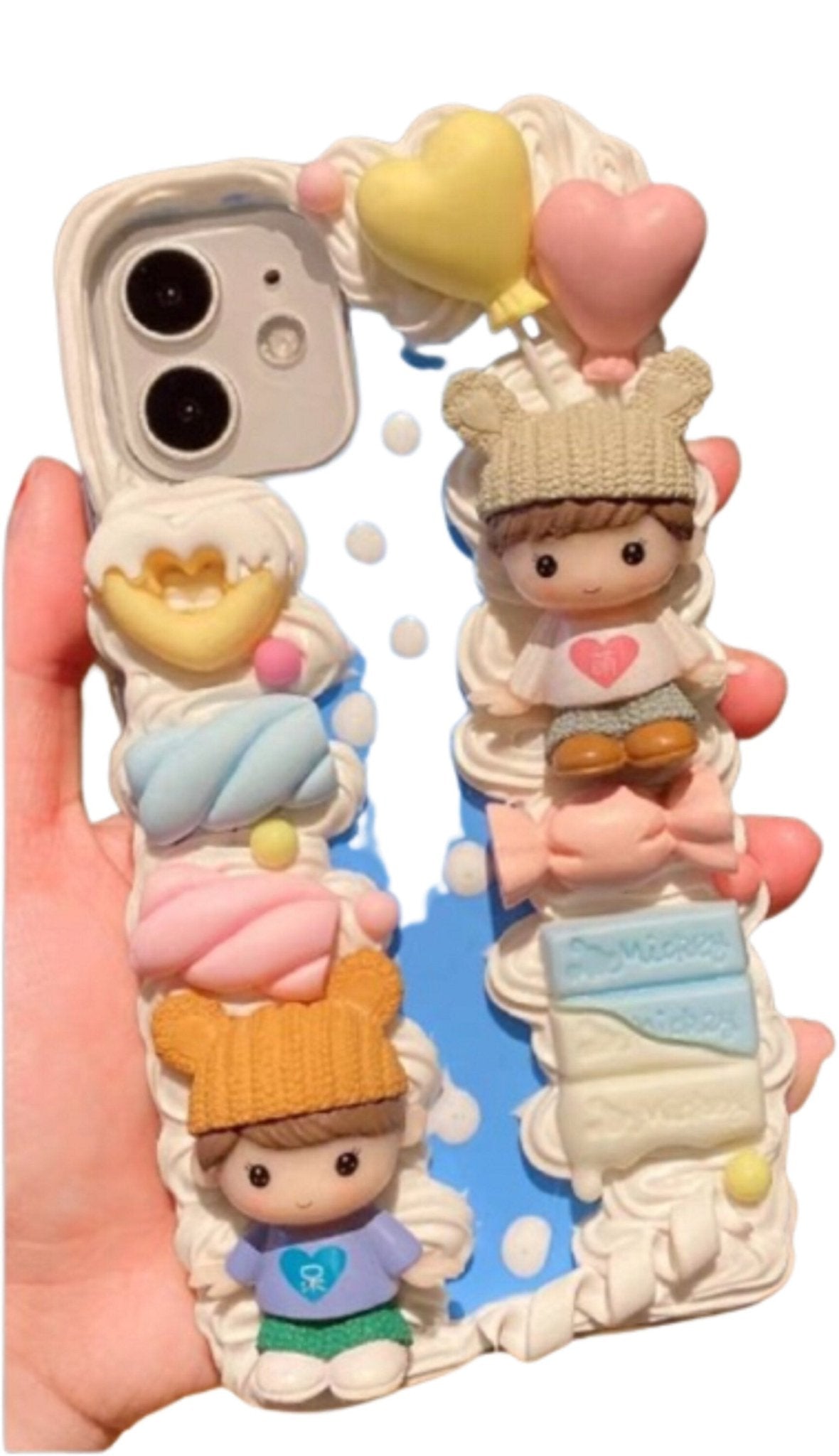 Decoden Custom Phone Case DIY Craft Kit | Kawaii Boy Girl Knitted Bear Ears Hat Balloons Charms | Samsung Android