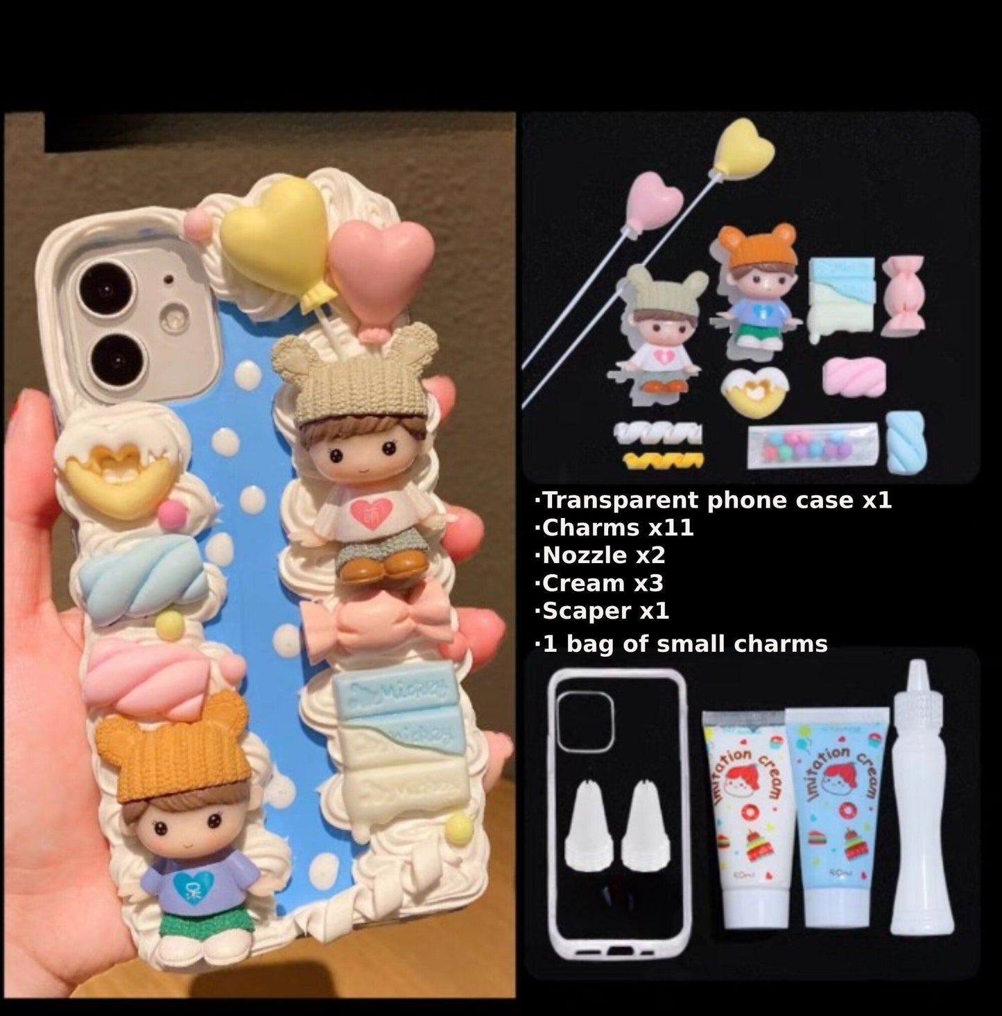 Decoden Custom Phone Case DIY Craft Kit | Kawaii Boy Girl Knitted Bear Ears Hat Balloons Charms | Samsung Android