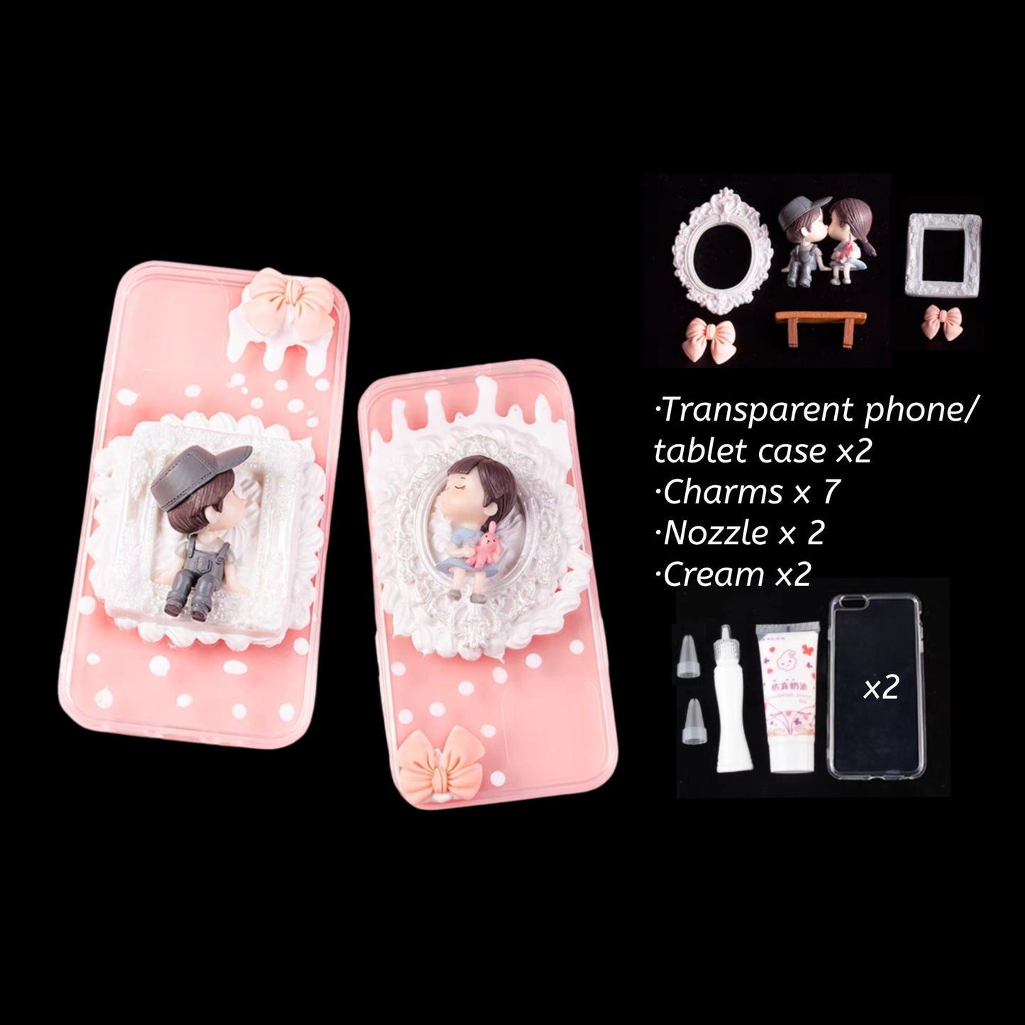 Decoden Custom Phone Case DIY Craft Kit | Kawaii Boy Girl Lovers Kiss Bench Frames Bows Charms | Samsung Android iPhone