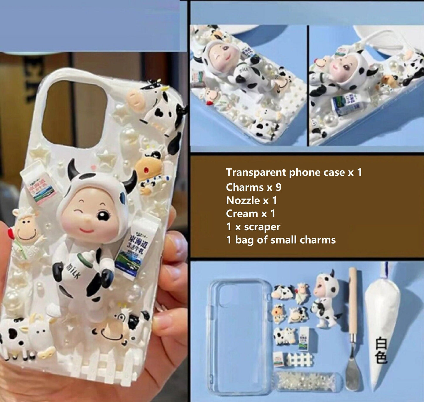 Decoden Custom Phone Case DIY Craft Kit | Kawaii Cow Costume Baby Cows Milk Cartons Sheep Pearls Charms | Samsung