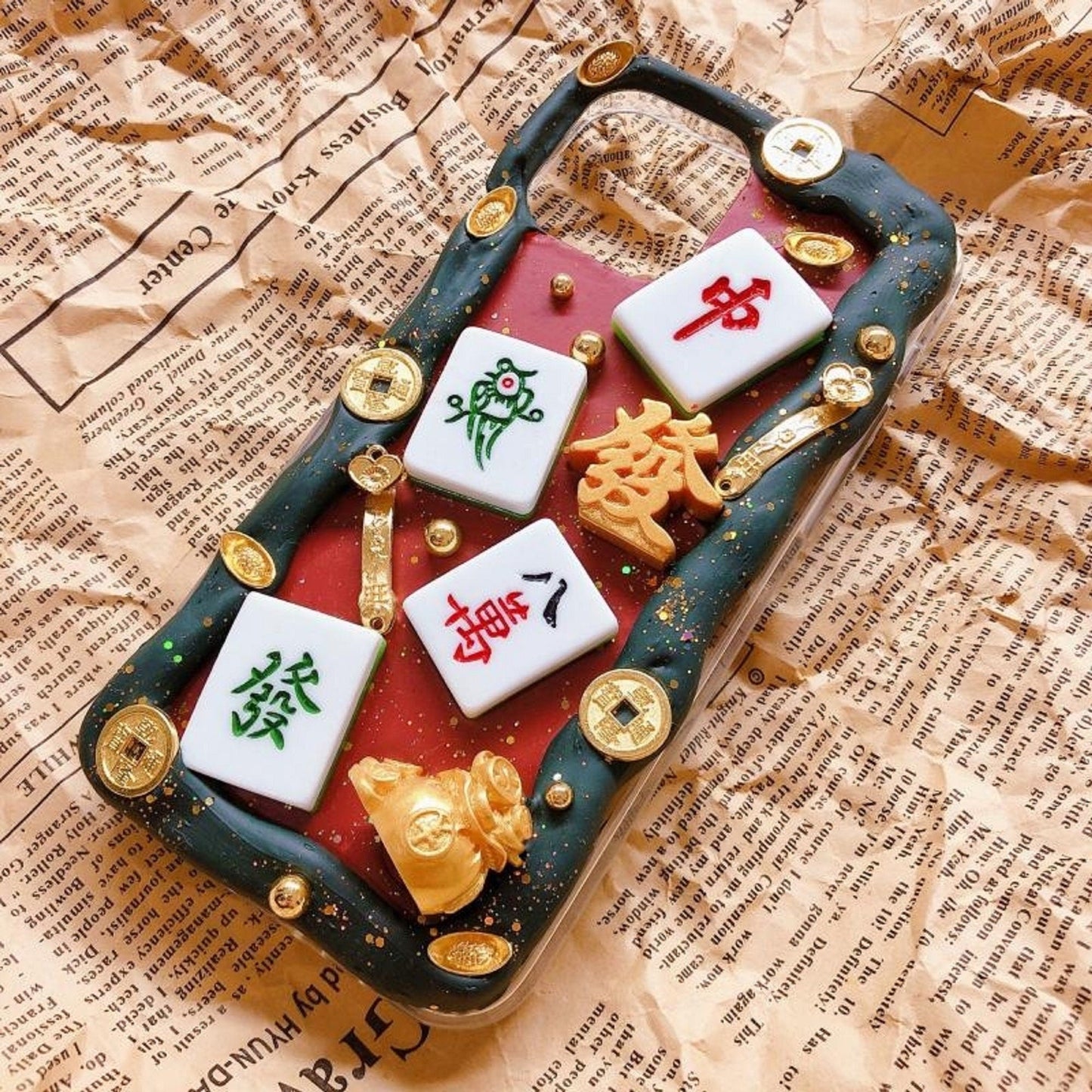 Decoden Custom Phone Case DIY Craft Kit | Mahjong Tiles Chinese Good Luck Feng Shui Coins Charms | Samsung Android