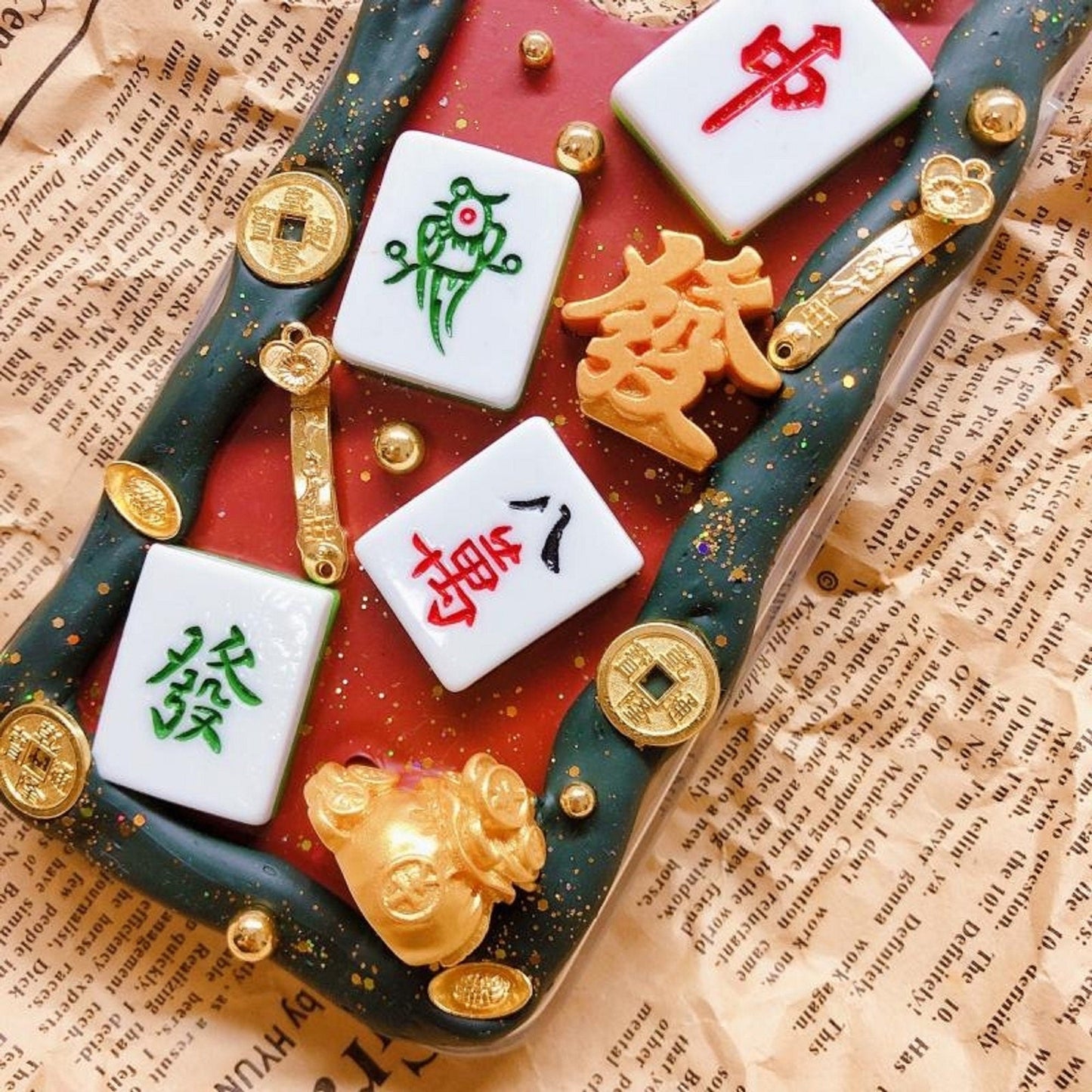 Decoden Custom Phone Case DIY Craft Kit | Mahjong Tiles Chinese Good Luck Feng Shui Coins Charms | Samsung Android