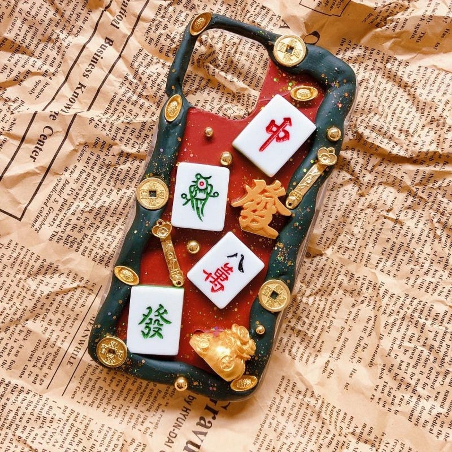Decoden Custom Phone Case DIY Craft Kit | Mahjong Tiles Chinese Good Luck Feng Shui Coins Charms | Samsung Android