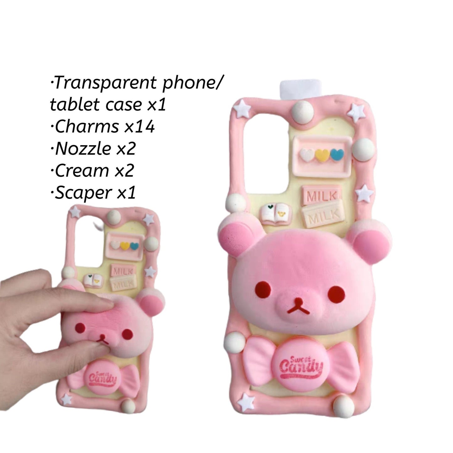 Decoden Custom Phone Case DIY Craft Kit | Pink Squishy Teddy Bear Candy Stars Pearls Charms | Samsung Android iPhone