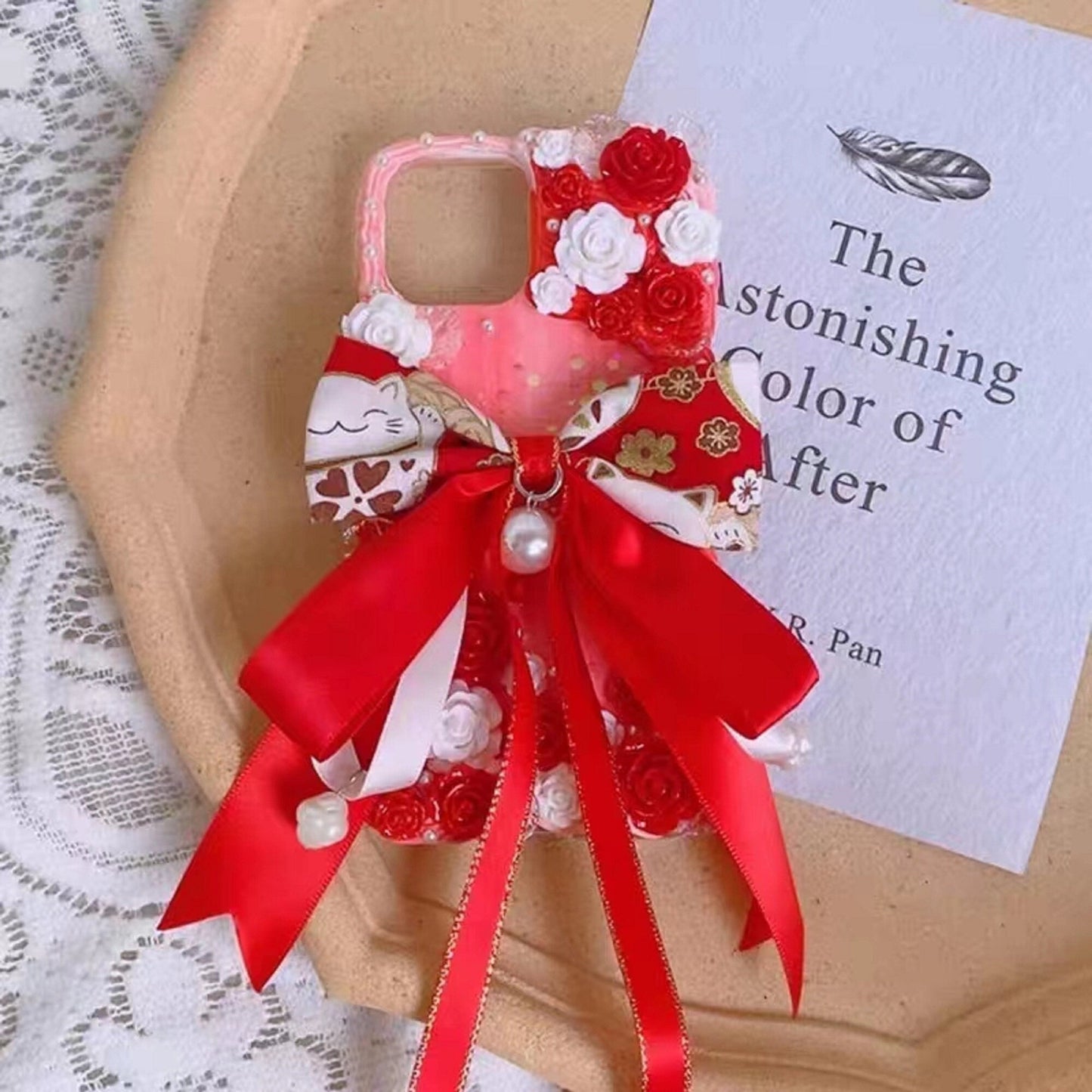 Decoden Custom Phone Case DIY Craft Kits | Big Red Black Bow Fortune Lucky Cat Flowers Pearls Charms | Samsung Android