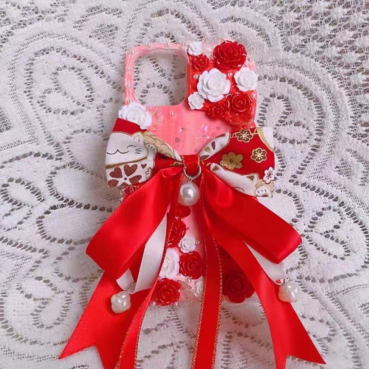 Decoden Custom Phone Case DIY Craft Kits | Big Red Black Bow Fortune Lucky Cat Flowers Pearls Charms | Samsung Android