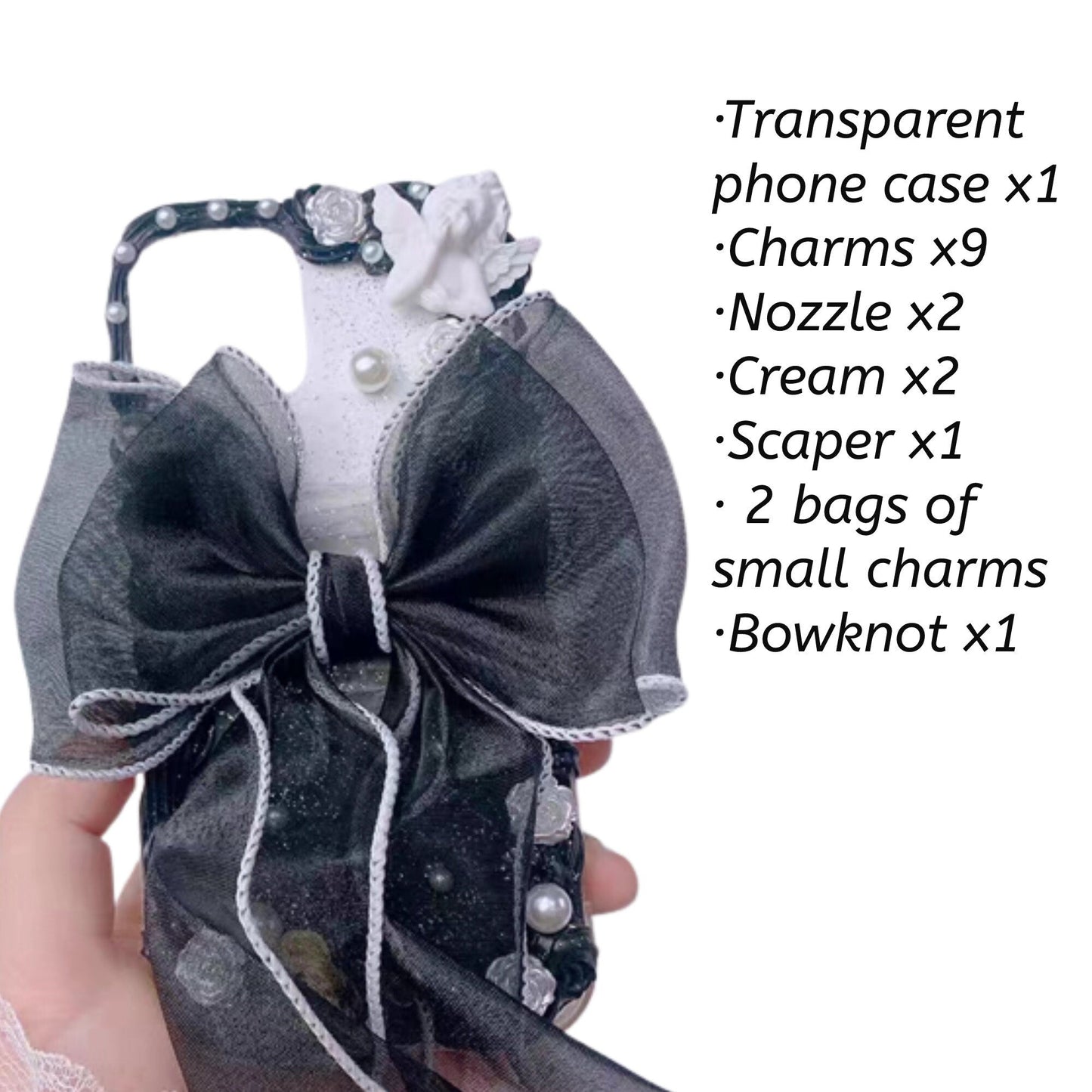 Decoden Custom Phone Case DIY Craft Kits | Big Red Black Bow Fortune Lucky Cat Flowers Pearls Charms | Samsung Android