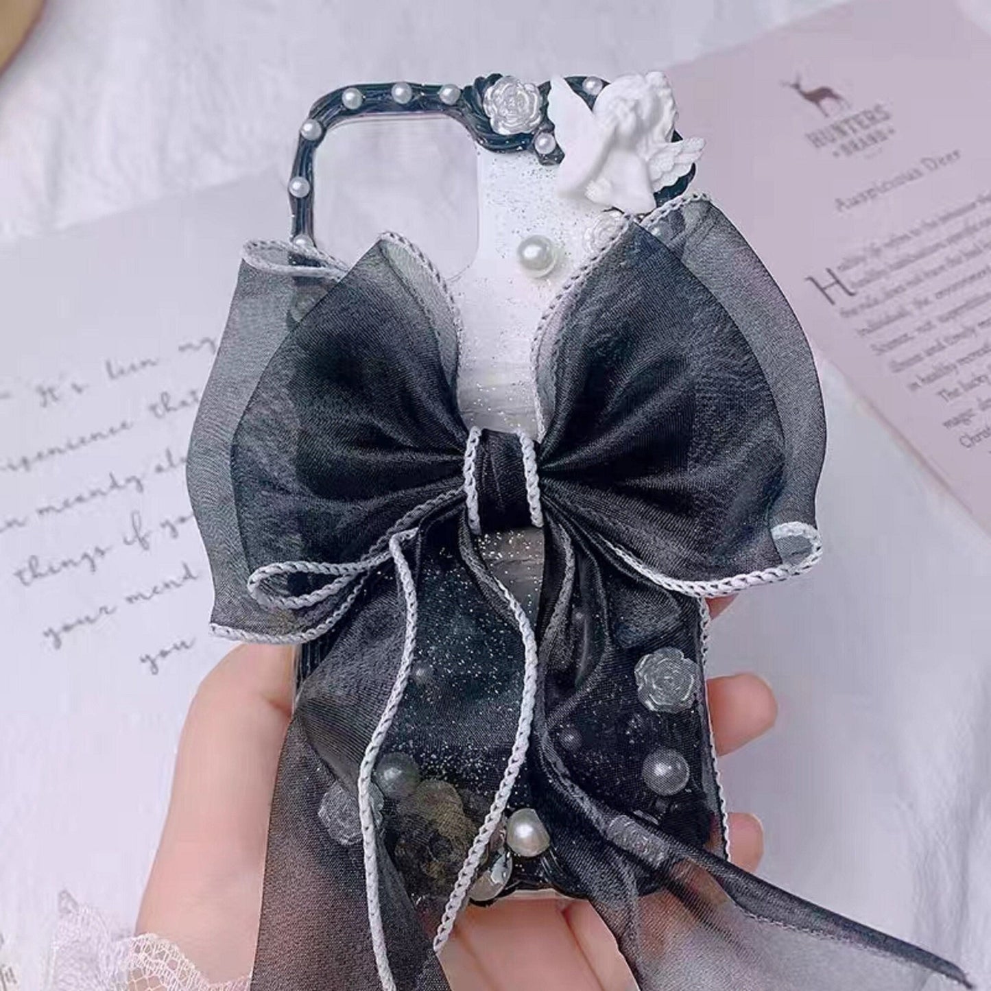 Decoden Custom Phone Case DIY Craft Kits | Big Red Black Bow Fortune Lucky Cat Flowers Pearls Charms | Samsung Android