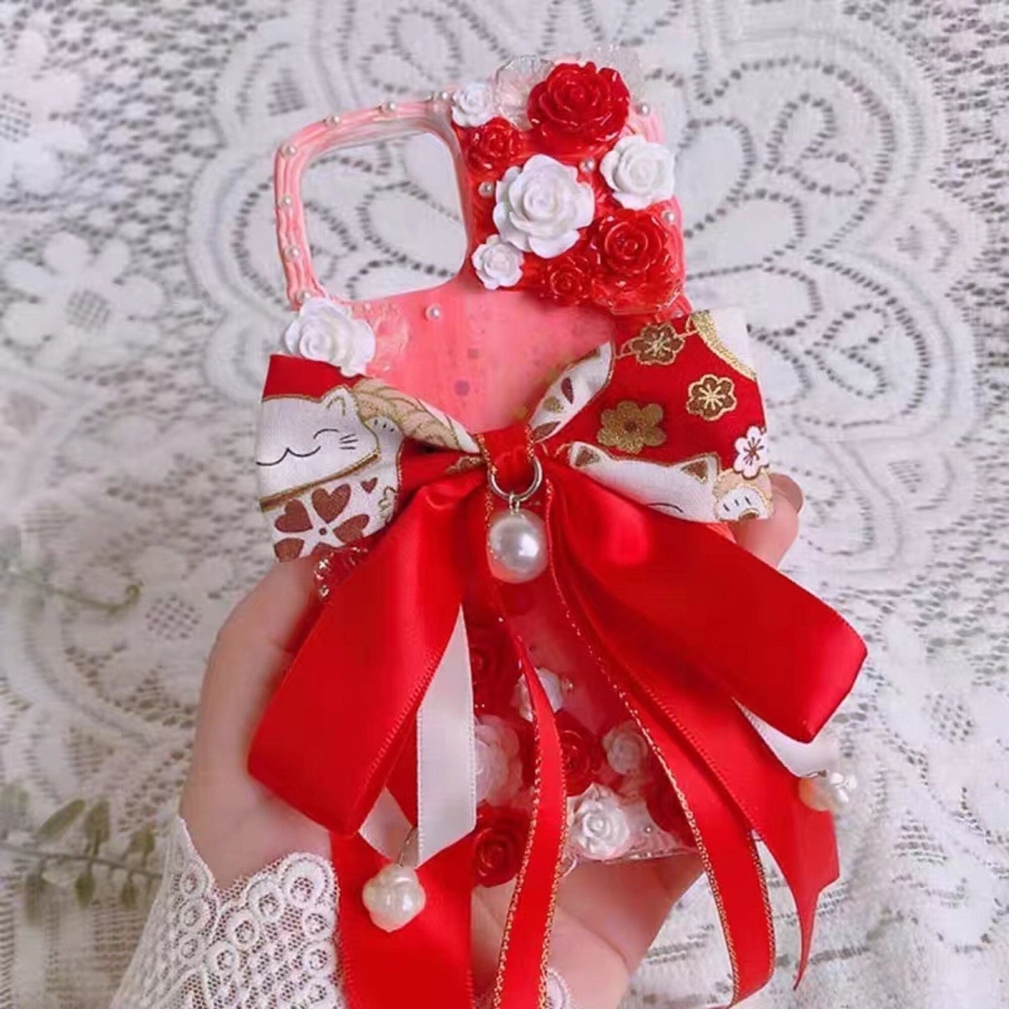 Decoden Custom Phone Case DIY Craft Kits | Big Red Black Bow Fortune Lucky Cat Flowers Pearls Charms | Samsung Android