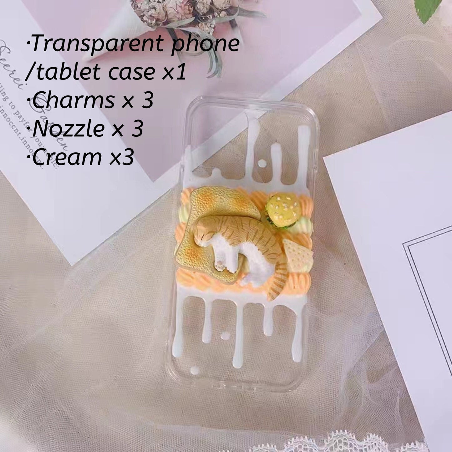 Decoden Custom Phone Case DIY Craft Kits | Cat Sleeping On Toast Cookies Crackers Food Charms | Samsung Android iPhone