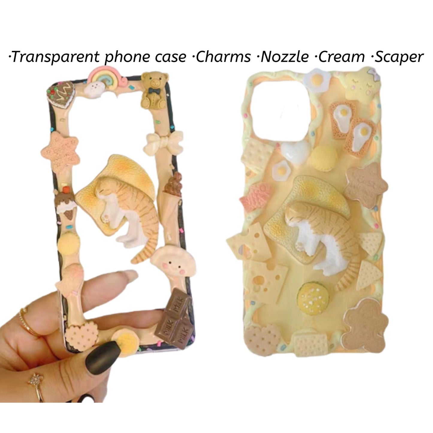 Decoden Custom Phone Case DIY Craft Kits | Cat Sleeping On Toast Cookies Crackers Food Charms | Samsung Android iPhone