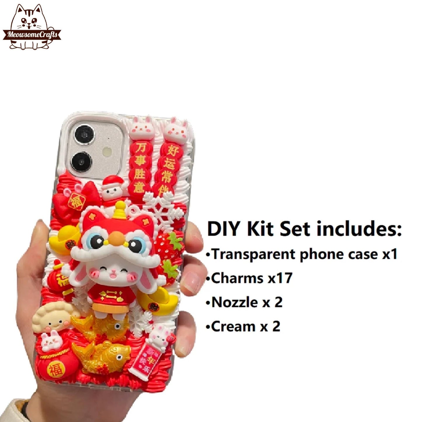 Decoden Custom Phone Case DIY Craft Kits | Chinese Lion Dance Hat Rabbit Baby Rabbits Lucky Bag Charms | Samsung