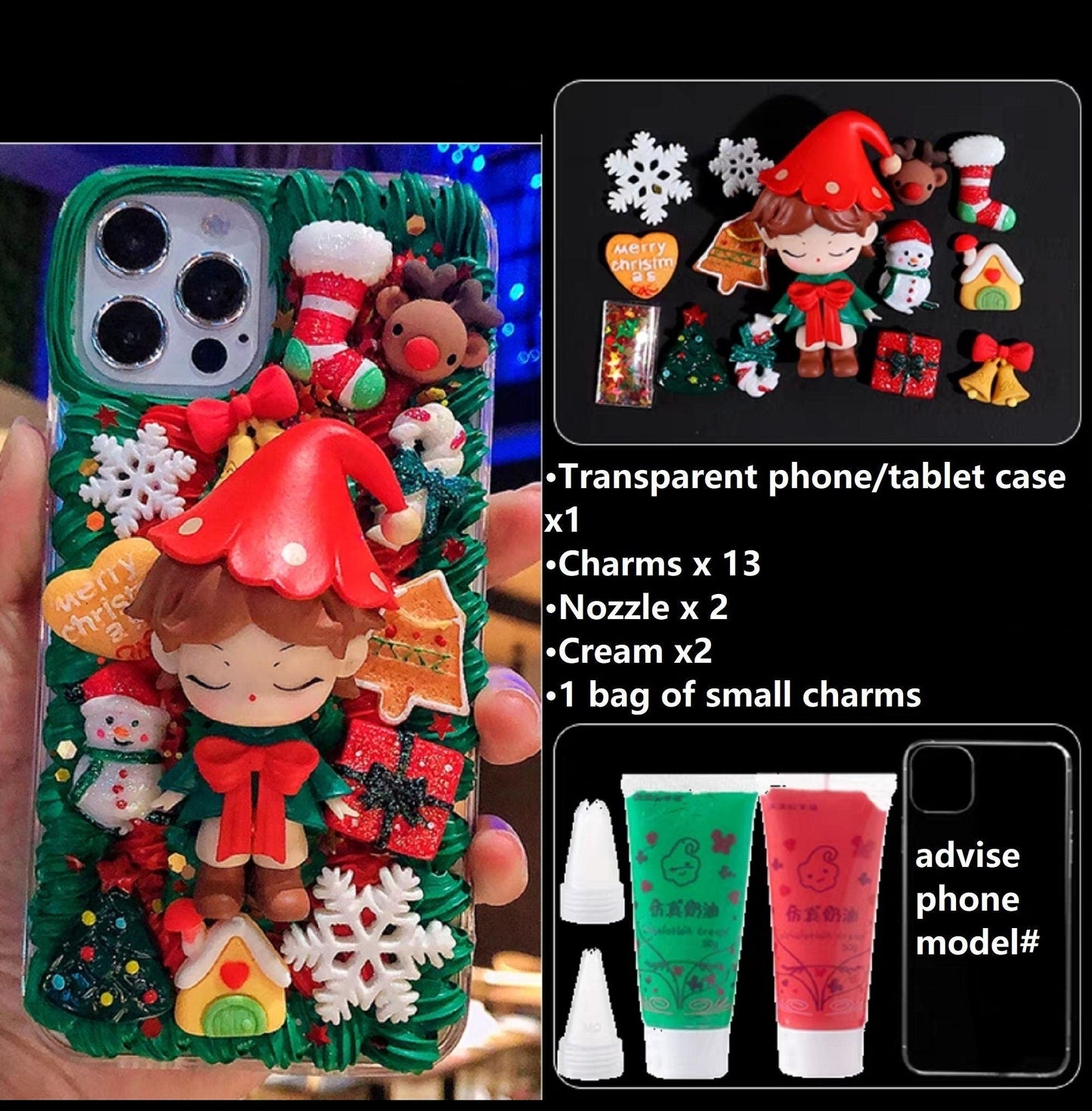 Decoden Custom Phone Case DIY Craft Kits | Christmas Kawaii Anime Girl Elf Santa Reindeer Charms | Samsung Android