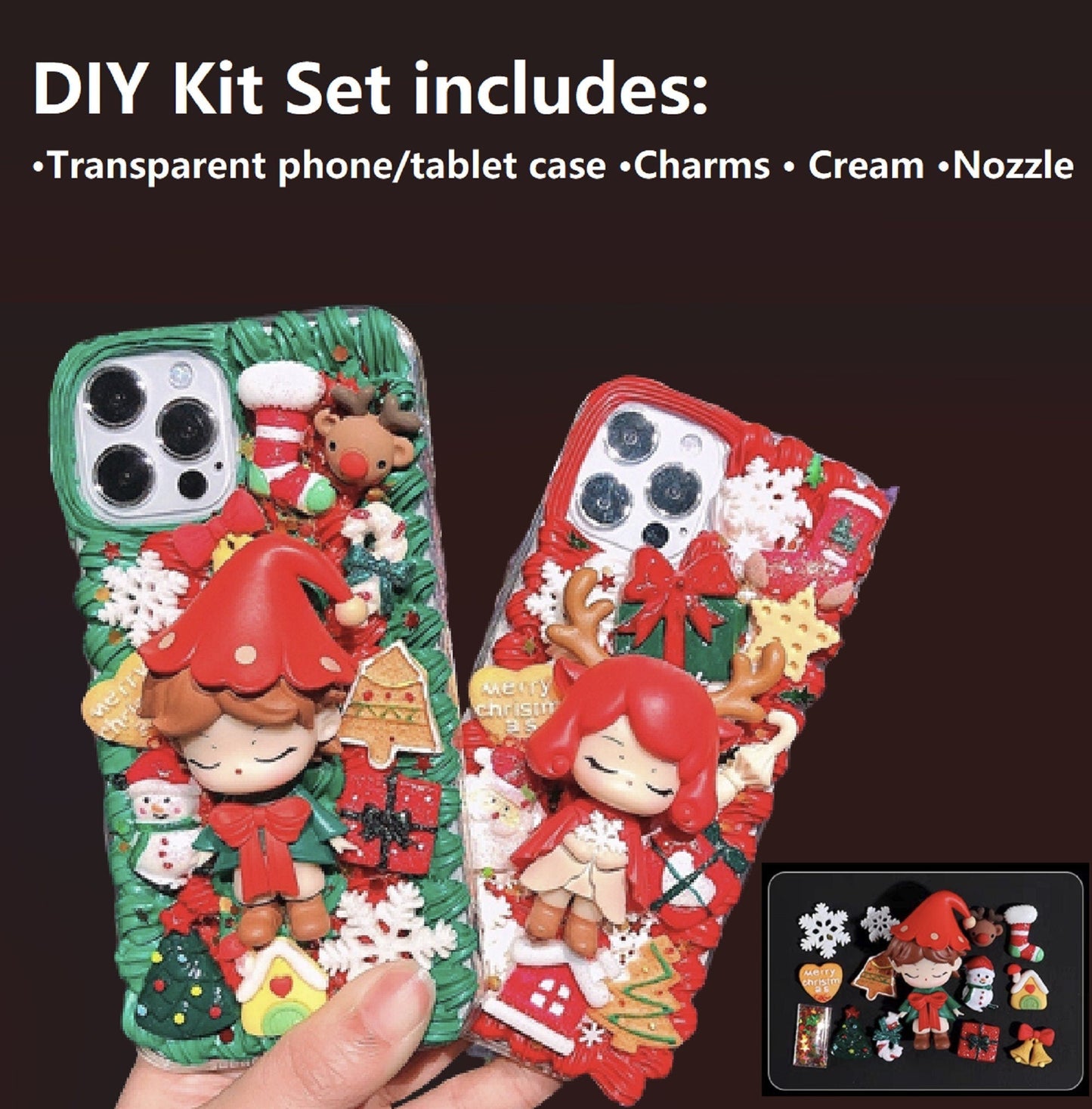 Decoden Custom Phone Case DIY Craft Kits | Christmas Kawaii Anime Girl Elf Santa Reindeer Charms | Samsung Android