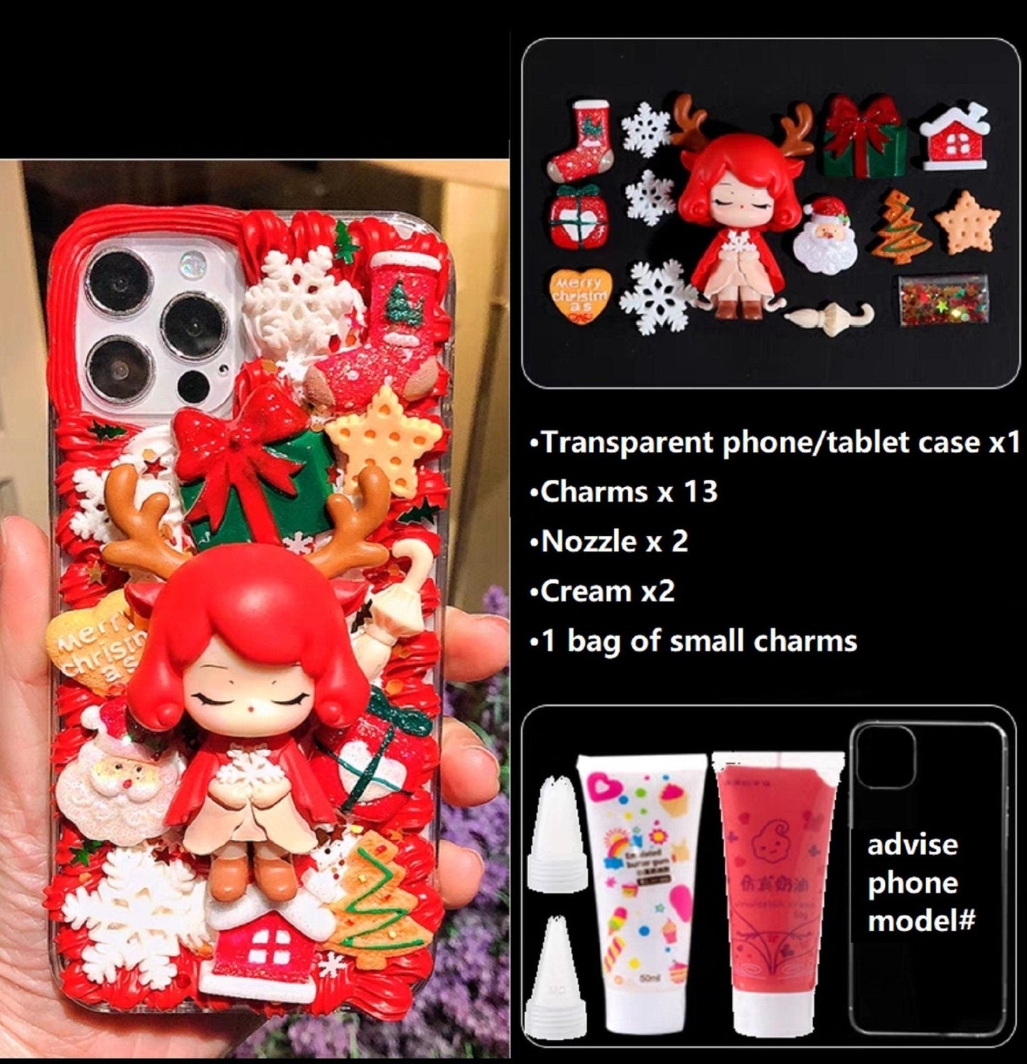 Decoden Custom Phone Case DIY Craft Kits | Christmas Kawaii Anime Girl Elf Santa Reindeer Charms | Samsung Android