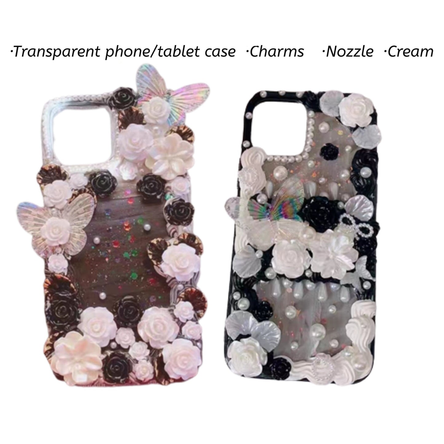 Decoden Custom Phone Case DIY Craft Kits | Flowers Iridescent Butterflies Teardrop Pearls Charms | Samsung Android