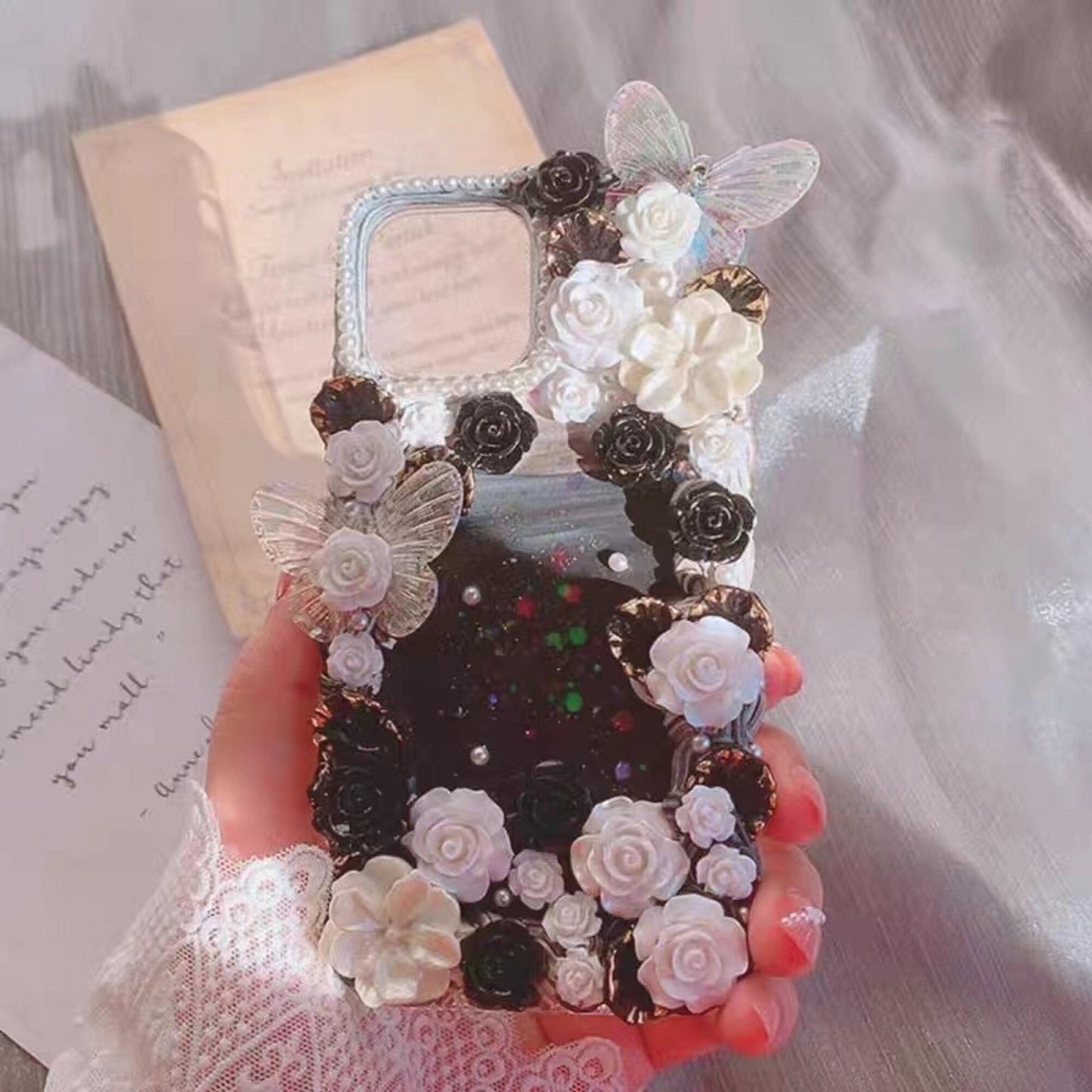 Decoden Custom Phone Case DIY Craft Kits | Flowers Iridescent Butterflies Teardrop Pearls Charms | Samsung Android