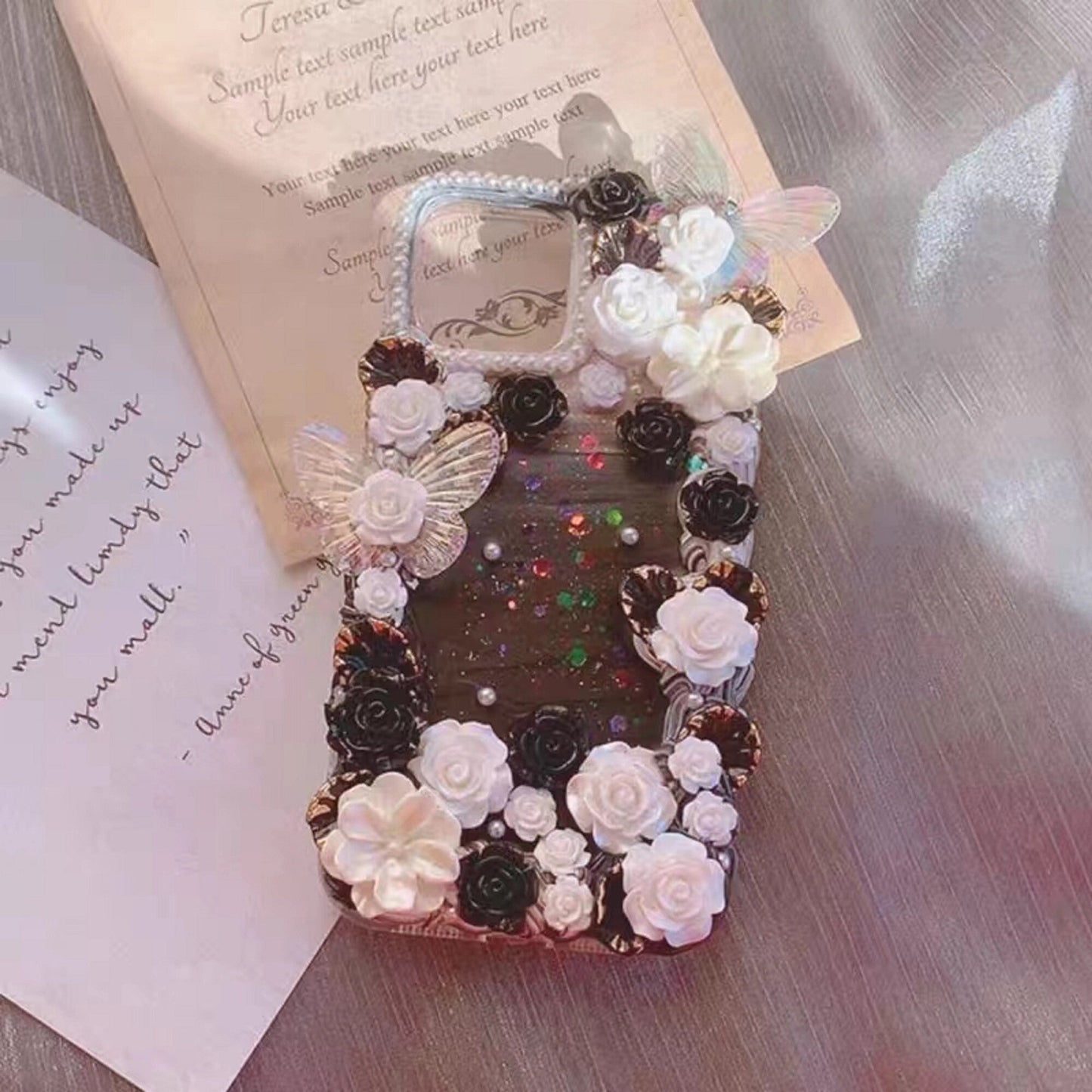 Decoden Custom Phone Case DIY Craft Kits | Flowers Iridescent Butterflies Teardrop Pearls Charms | Samsung Android