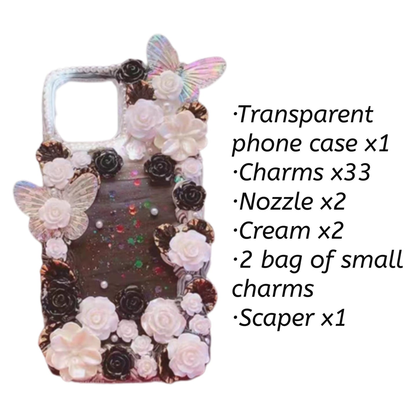 Decoden Custom Phone Case DIY Craft Kits | Flowers Iridescent Butterflies Teardrop Pearls Charms | Samsung Android
