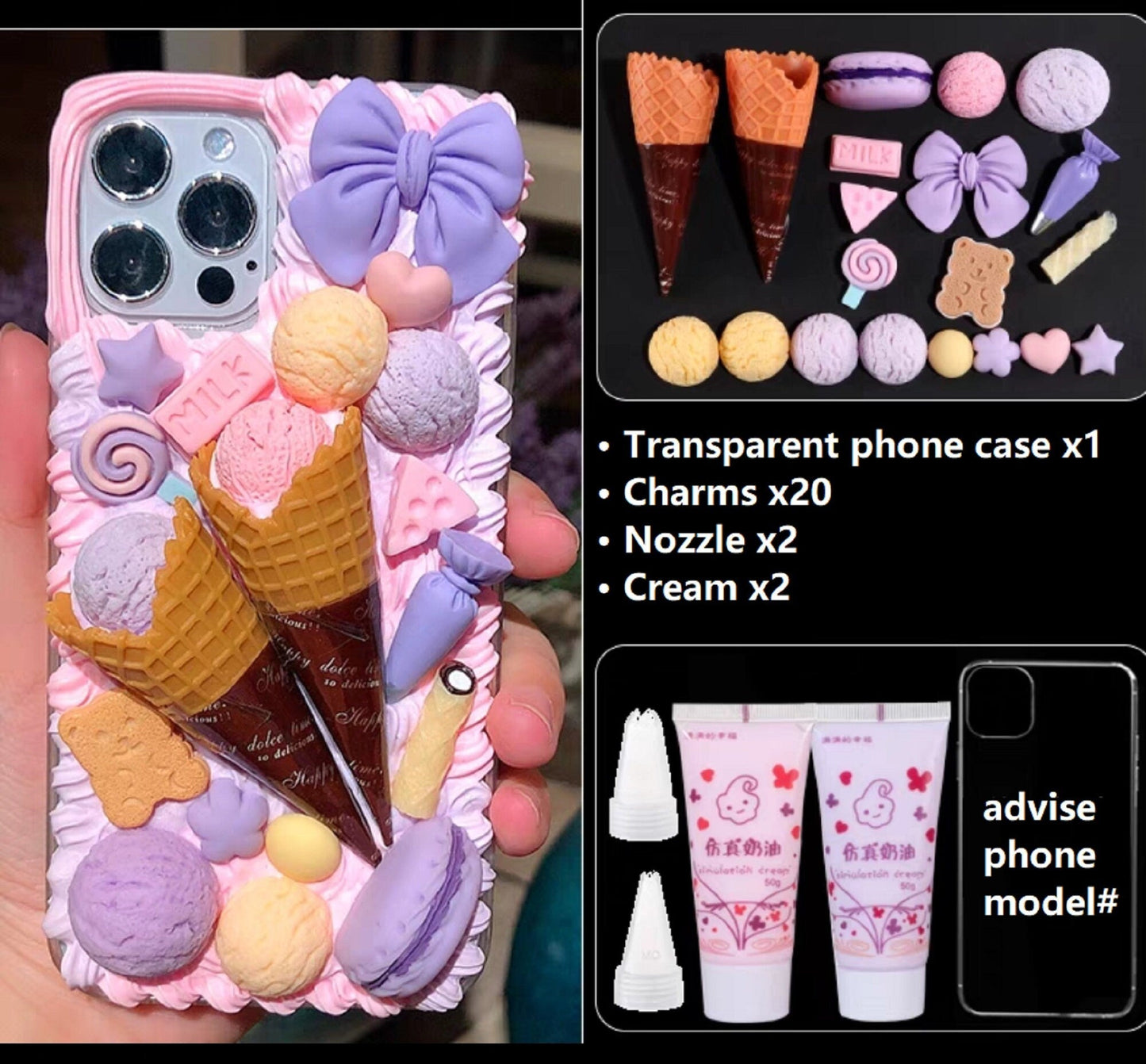 Decoden Custom Phone Case DIY Craft Kits | Ice Cream Scoops Waffle Cones Macaroons Candy Hearts Charms | Samsung