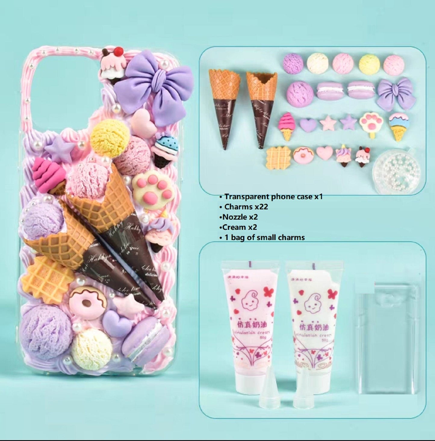 Decoden Custom Phone Case DIY Craft Kits | Ice Cream Scoops Waffle Cones Macaroons Candy Hearts Charms | Samsung