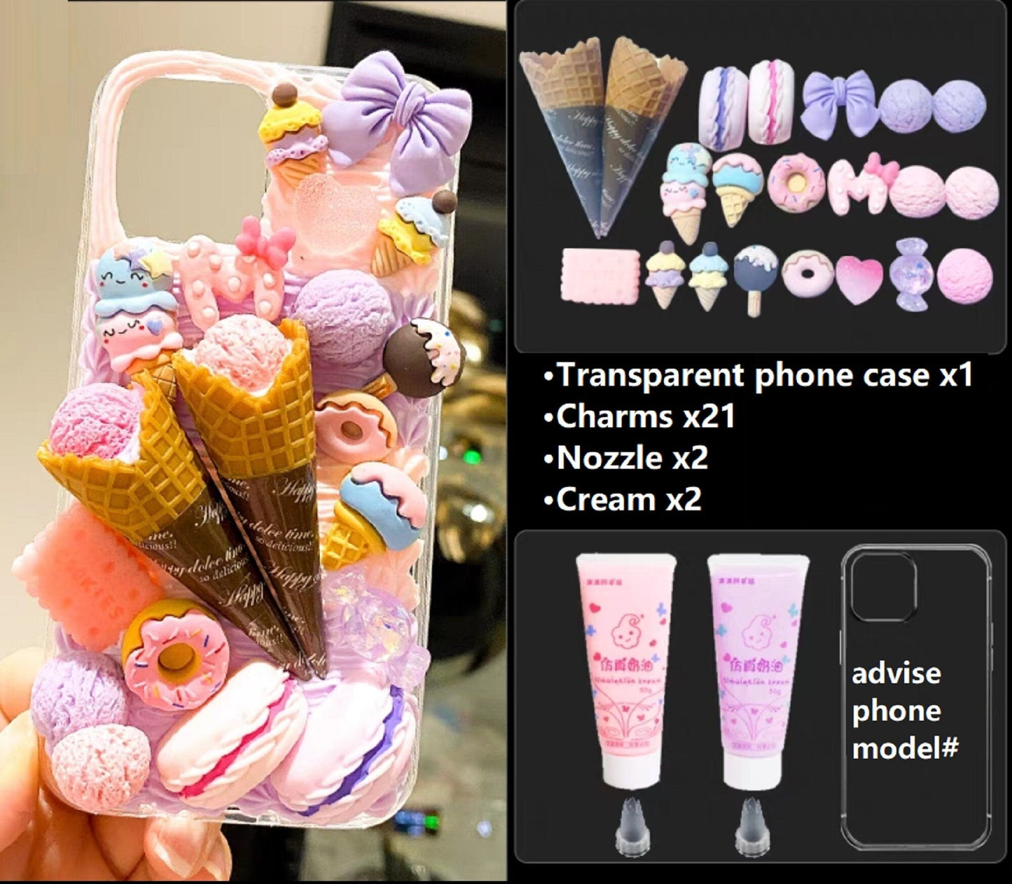 Decoden Custom Phone Case DIY Craft Kits | Ice Cream Scoops Waffle Cones Macaroons Candy Hearts Charms | Samsung