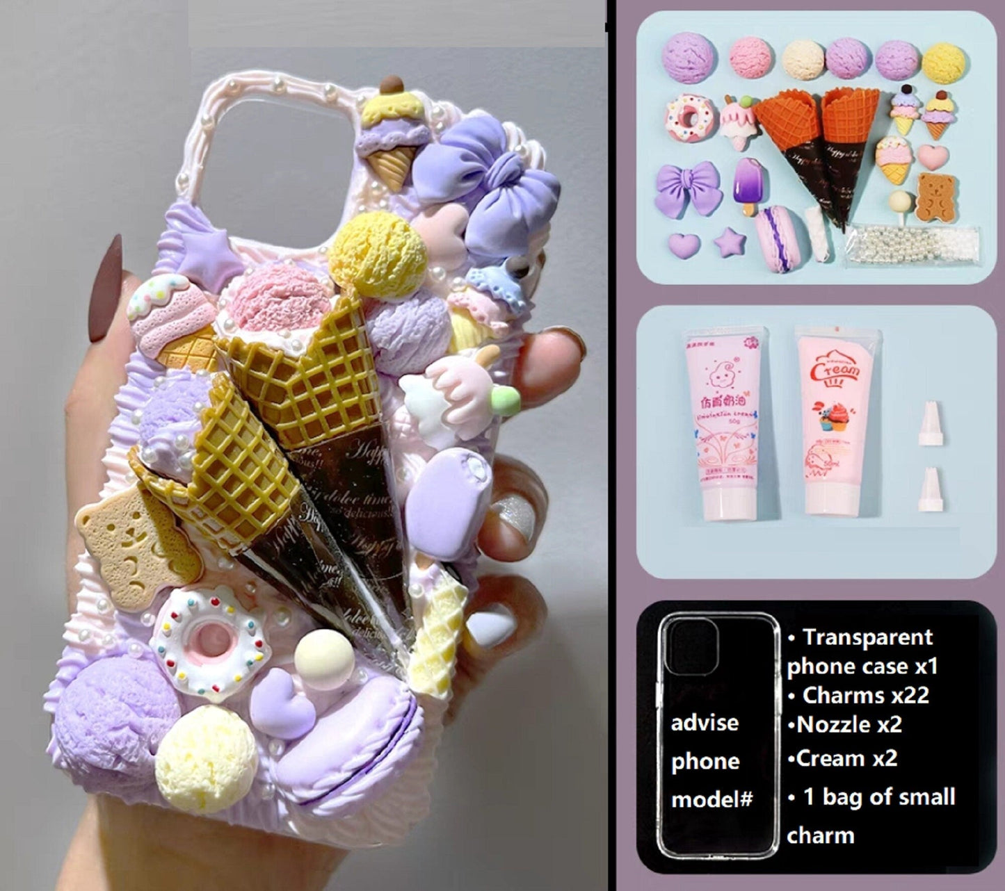 Decoden Custom Phone Case DIY Craft Kits | Ice Cream Scoops Waffle Cones Macaroons Candy Hearts Charms | Samsung