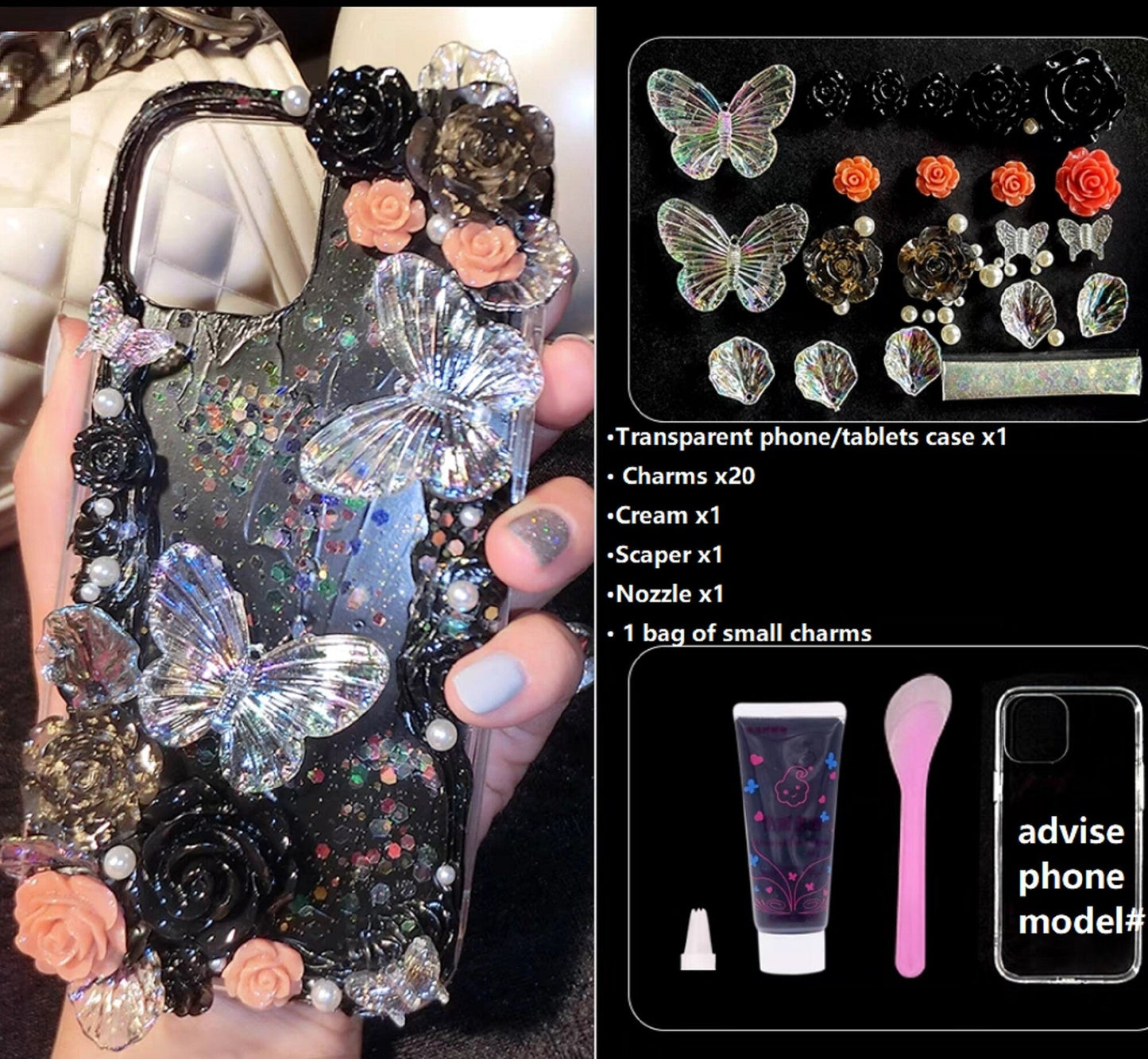 Decoden Custom Phone Case DIY Craft Kits | Iridescent Butterflies Flowers Roses Frames Pearls Charms | Samsung Android