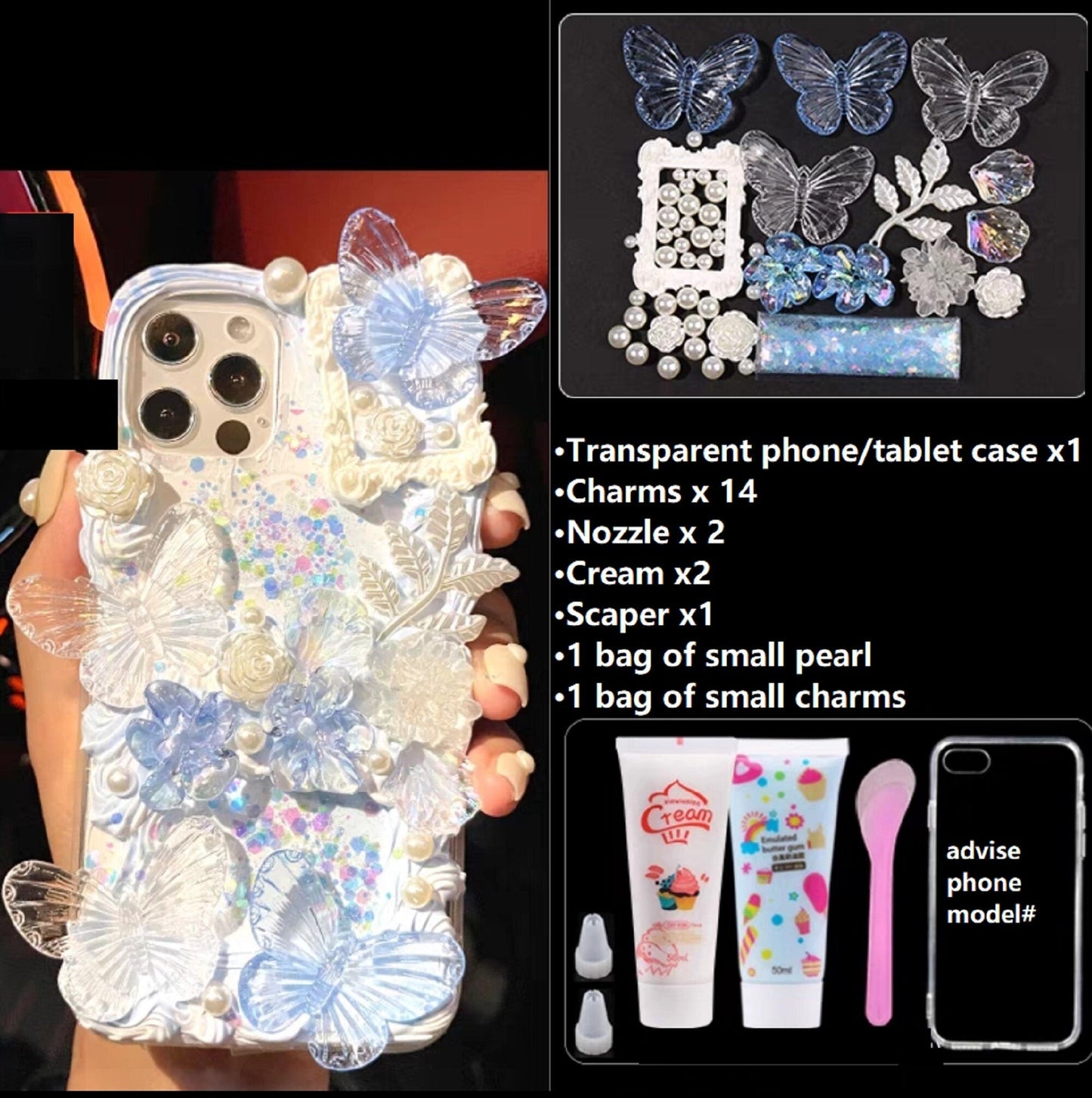 Decoden Custom Phone Case DIY Craft Kits | Iridescent Butterflies Flowers Roses Frames Pearls Charms | Samsung Android