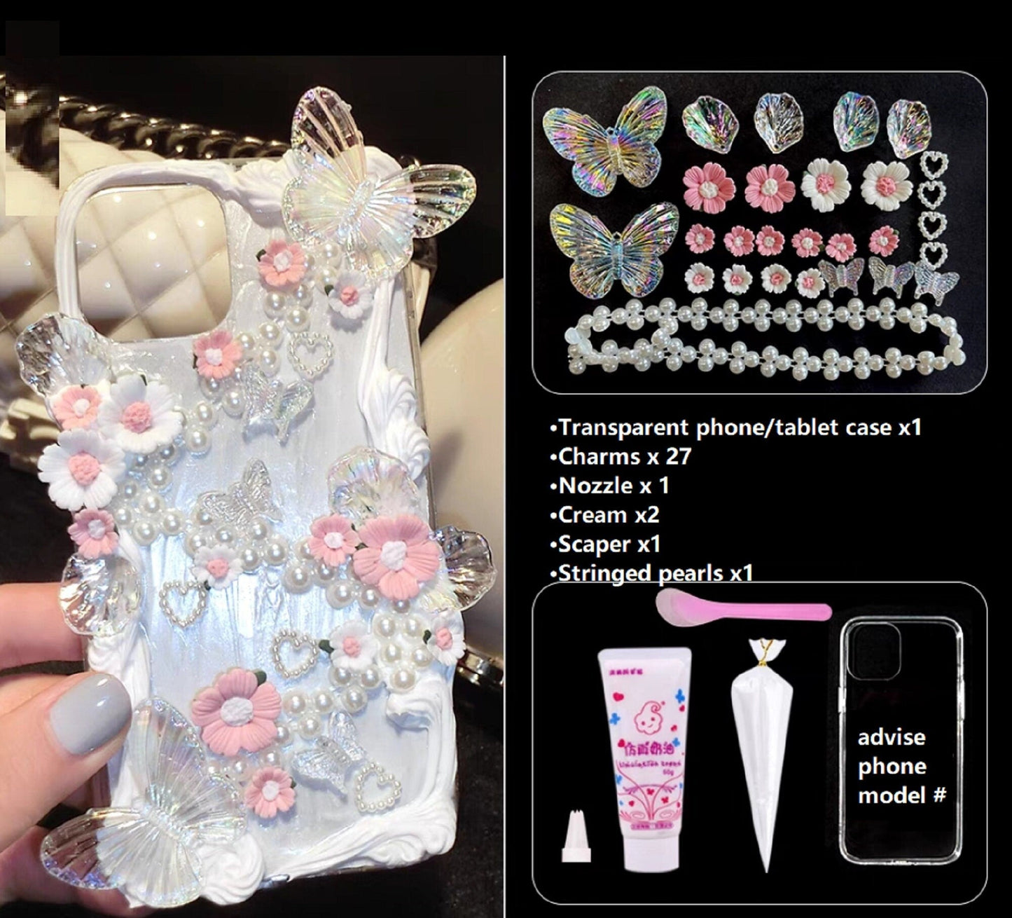 Decoden Custom Phone Case DIY Craft Kits | Iridescent Butterflies Flowers Roses Frames Pearls Charms | Samsung Android
