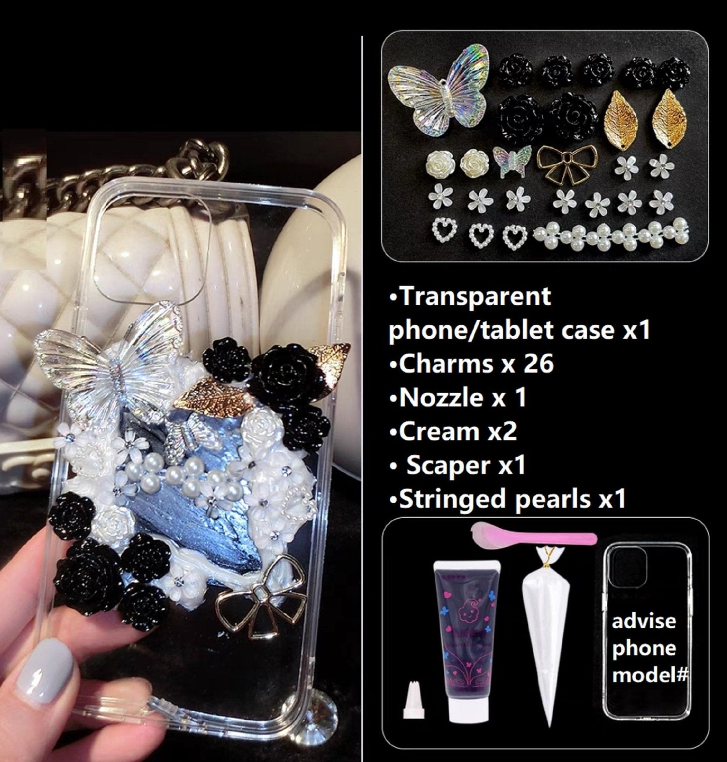 Decoden Custom Phone Case DIY Craft Kits | Iridescent Butterflies Flowers Roses Frames Pearls Charms | Samsung Android