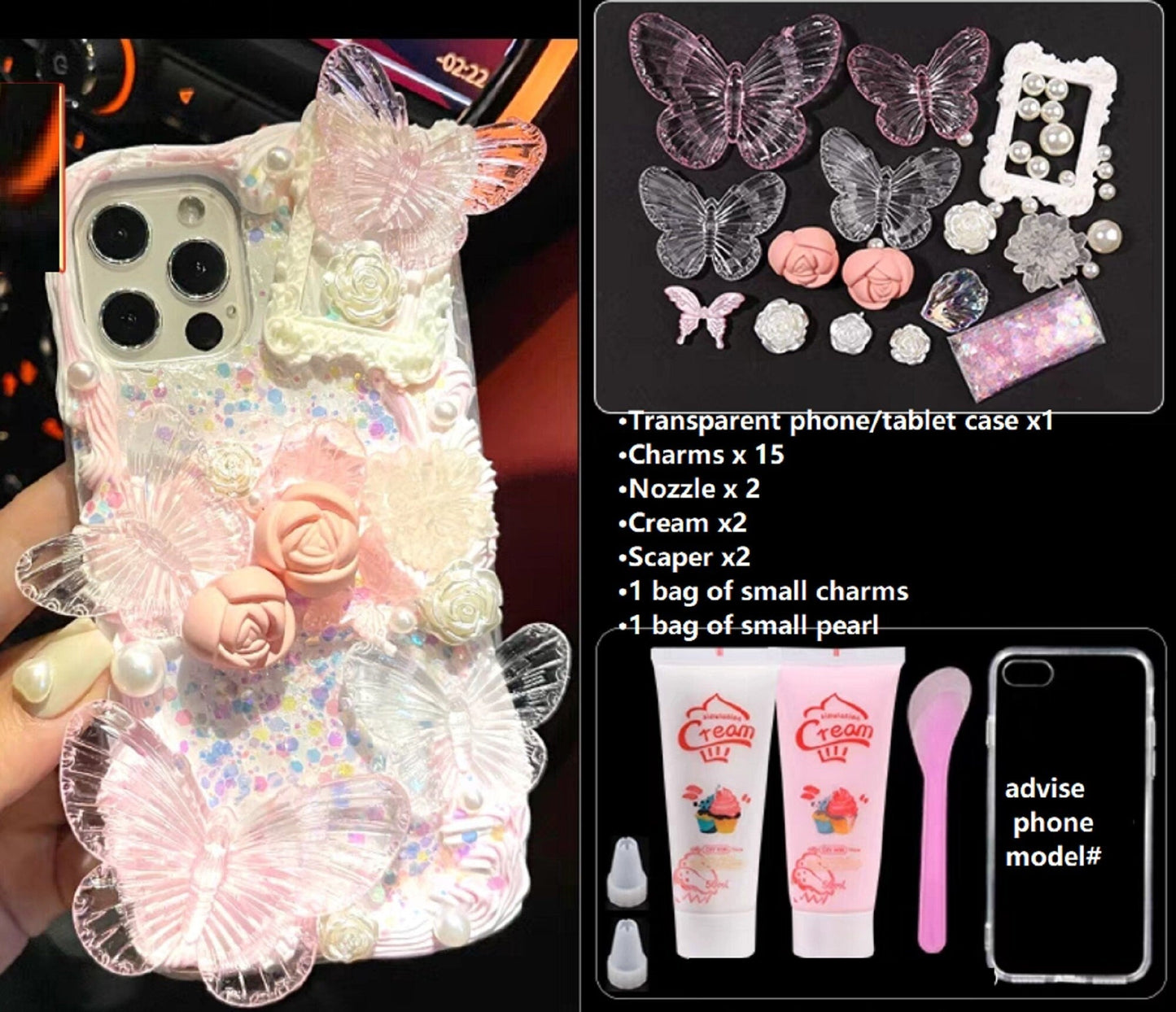 Decoden Custom Phone Case DIY Craft Kits | Iridescent Butterflies Flowers Roses Frames Pearls Charms | Samsung Android