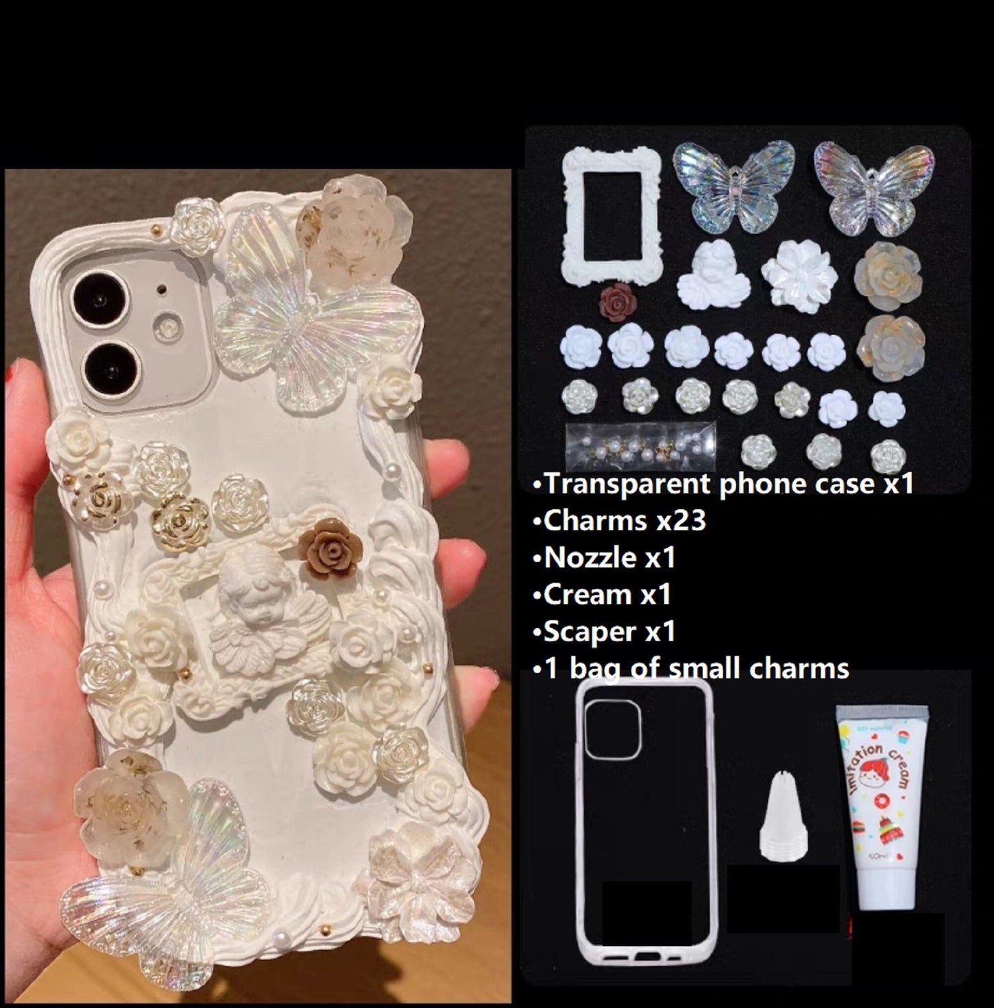 Decoden Custom Phone Case DIY Craft Kits | Iridescent Butterflies Mirror Pearls Frames Angels Charms | Samsung Android