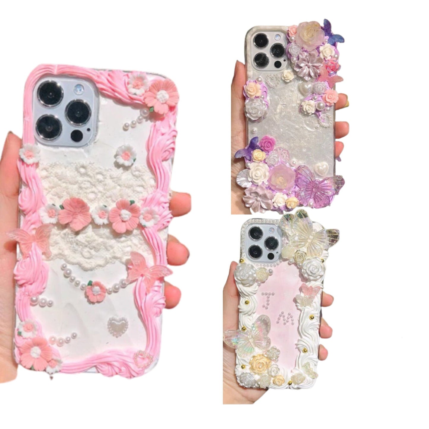 Decoden Custom Phone Case DIY Craft Kits | Iridescent Butterflies White Peach Pink Flowers Charms | Samsung Android