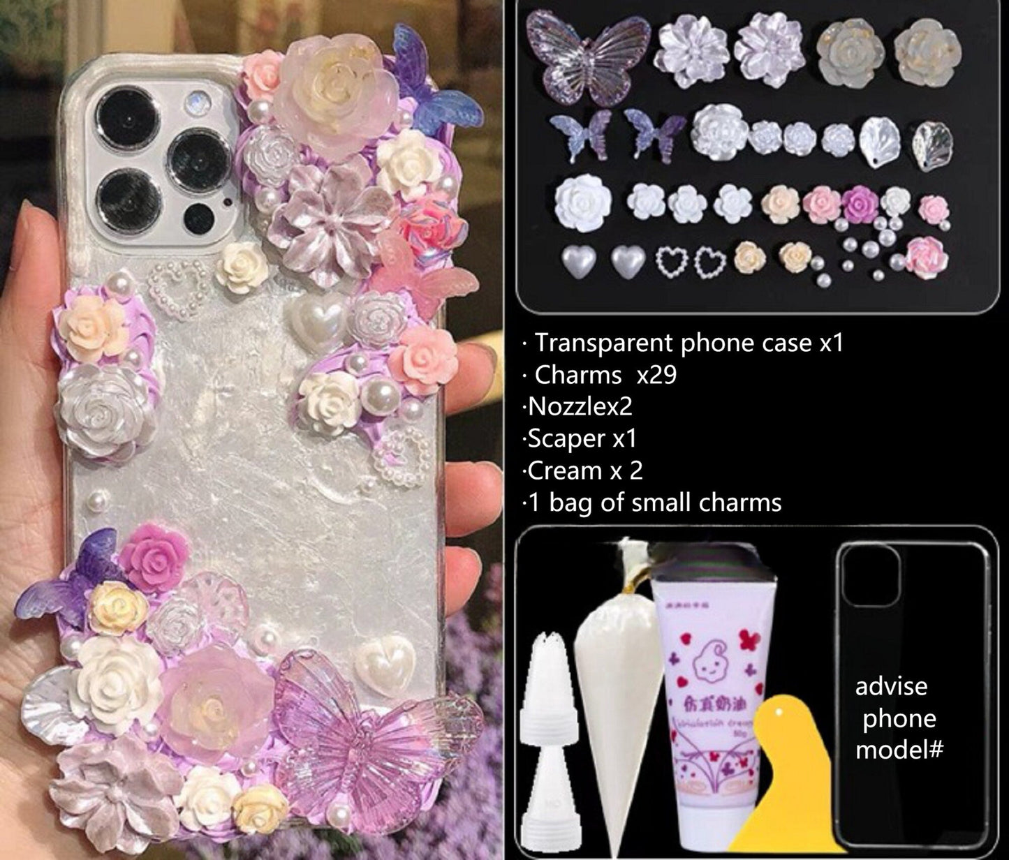 Decoden Custom Phone Case DIY Craft Kits | Iridescent Butterflies White Peach Pink Flowers Charms | Samsung Android