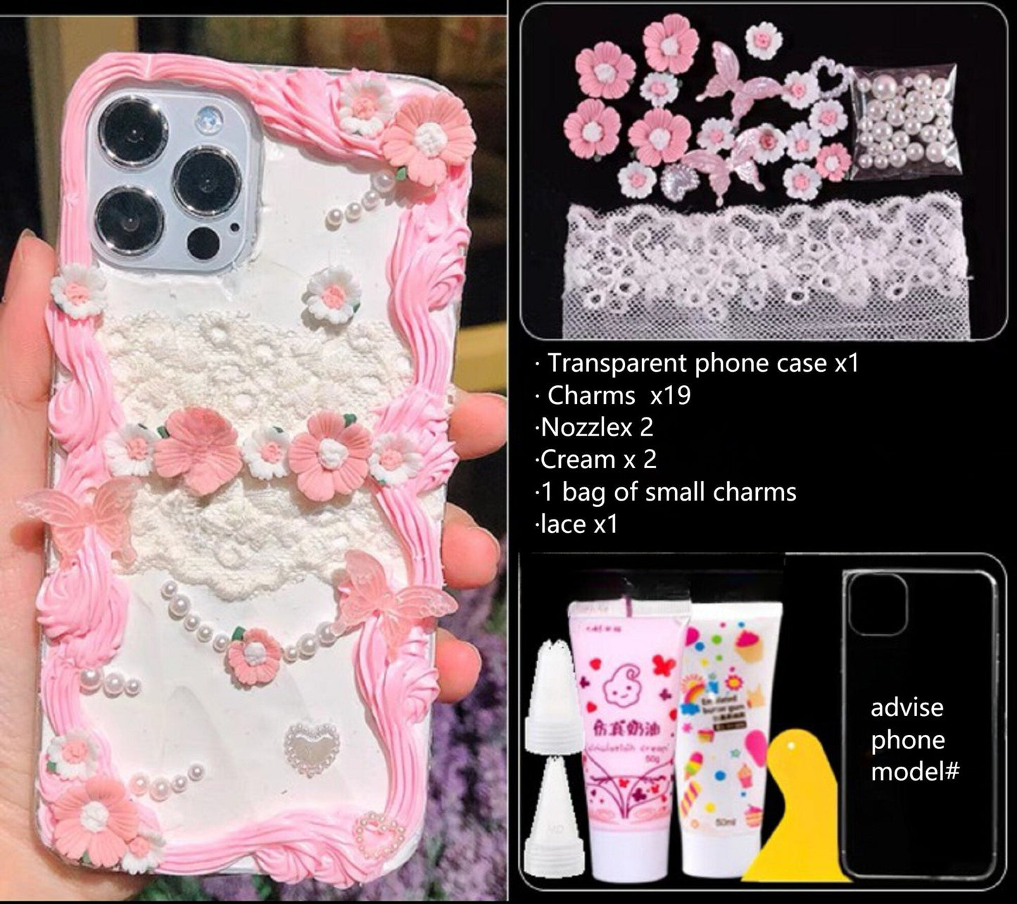 Decoden Custom Phone Case DIY Craft Kits | Iridescent Butterflies White Peach Pink Flowers Charms | Samsung Android