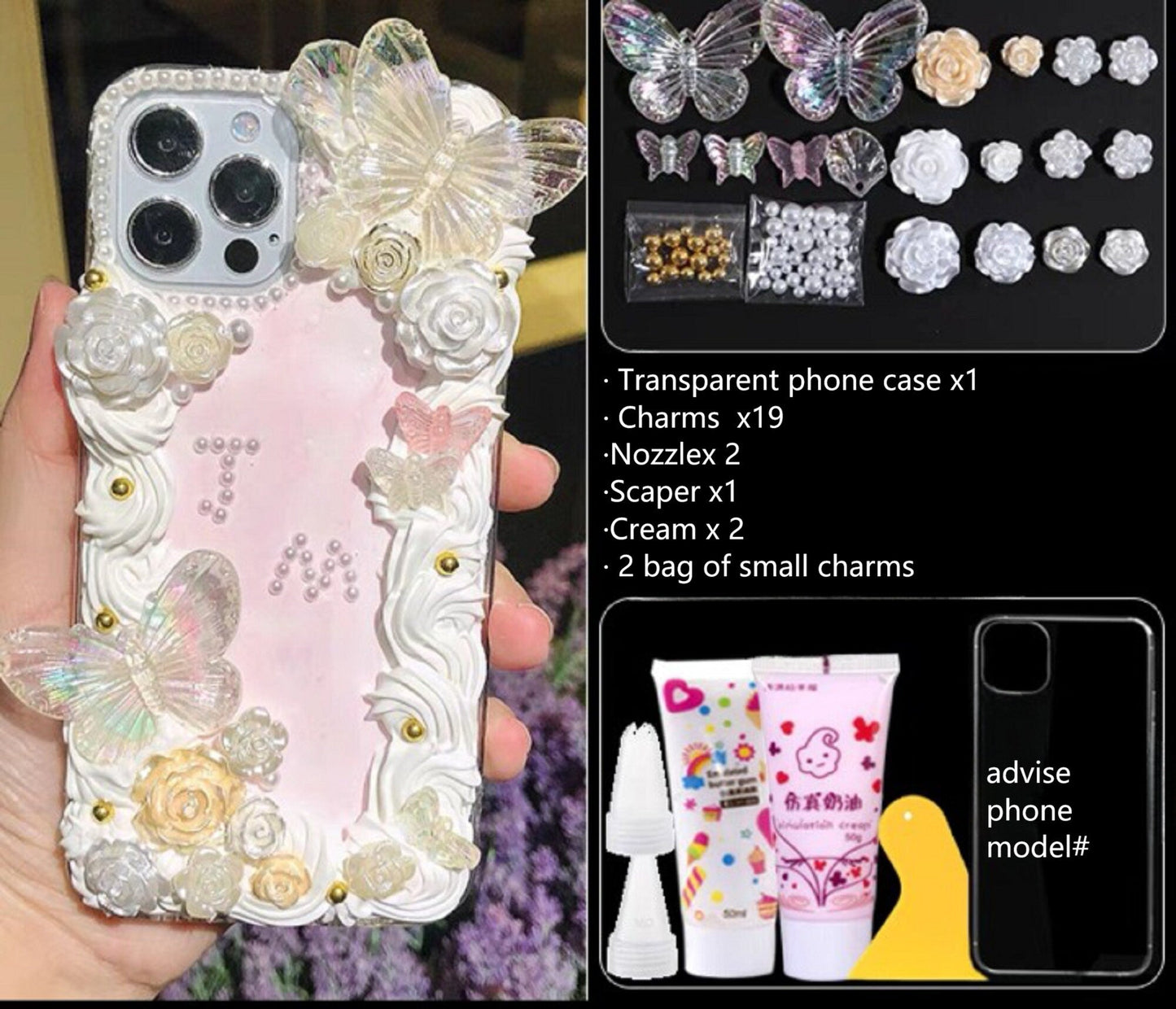 Decoden Custom Phone Case DIY Craft Kits | Iridescent Butterflies White Peach Pink Flowers Charms | Samsung Android