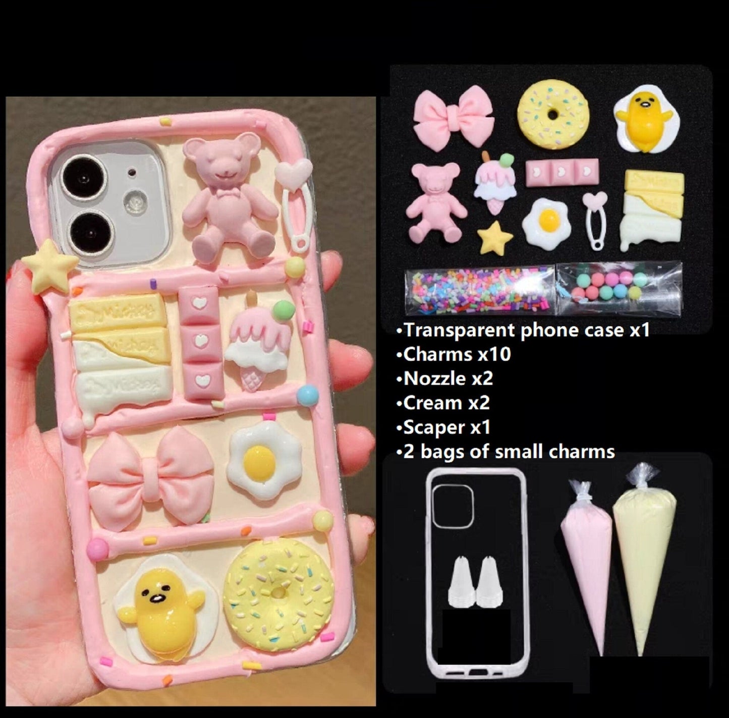 Decoden Custom Phone Case DIY Craft Kits | Kawaii Bear Heart Bag Food Candy Sprinkles Charms | Samsung Android iPhone