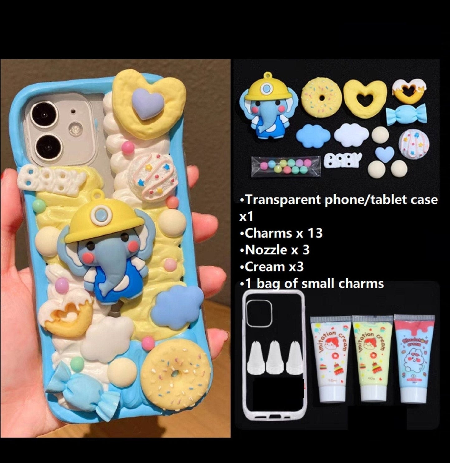Decoden Custom Phone Case DIY Craft Kits | Kawaii Elephant Rabbit Baby Clouds Stars Candy Charms | Samsung Android