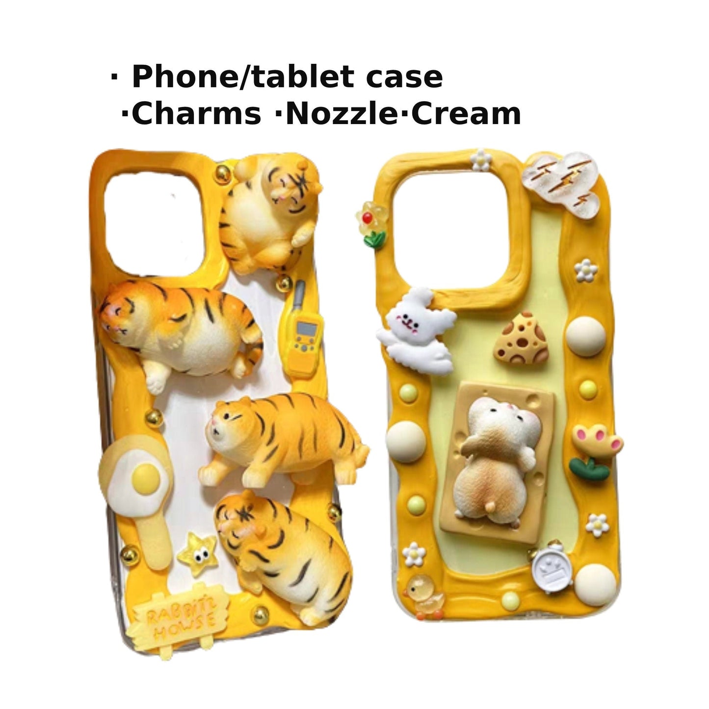 Decoden Custom Phone Case DIY Craft Kits | Kawaii Fat Tiger Cat Mouse Cheese Flowers Charms | Samsung Android iPhone