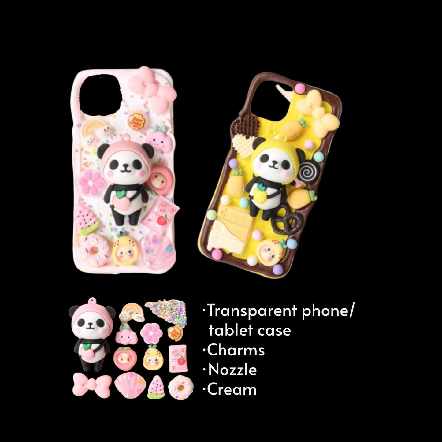Decoden Custom Phone Case DIY Craft Kits | Kawaii Panda Peach Pineapple Hat Bag Candy Charms | Samsung Android iPhone