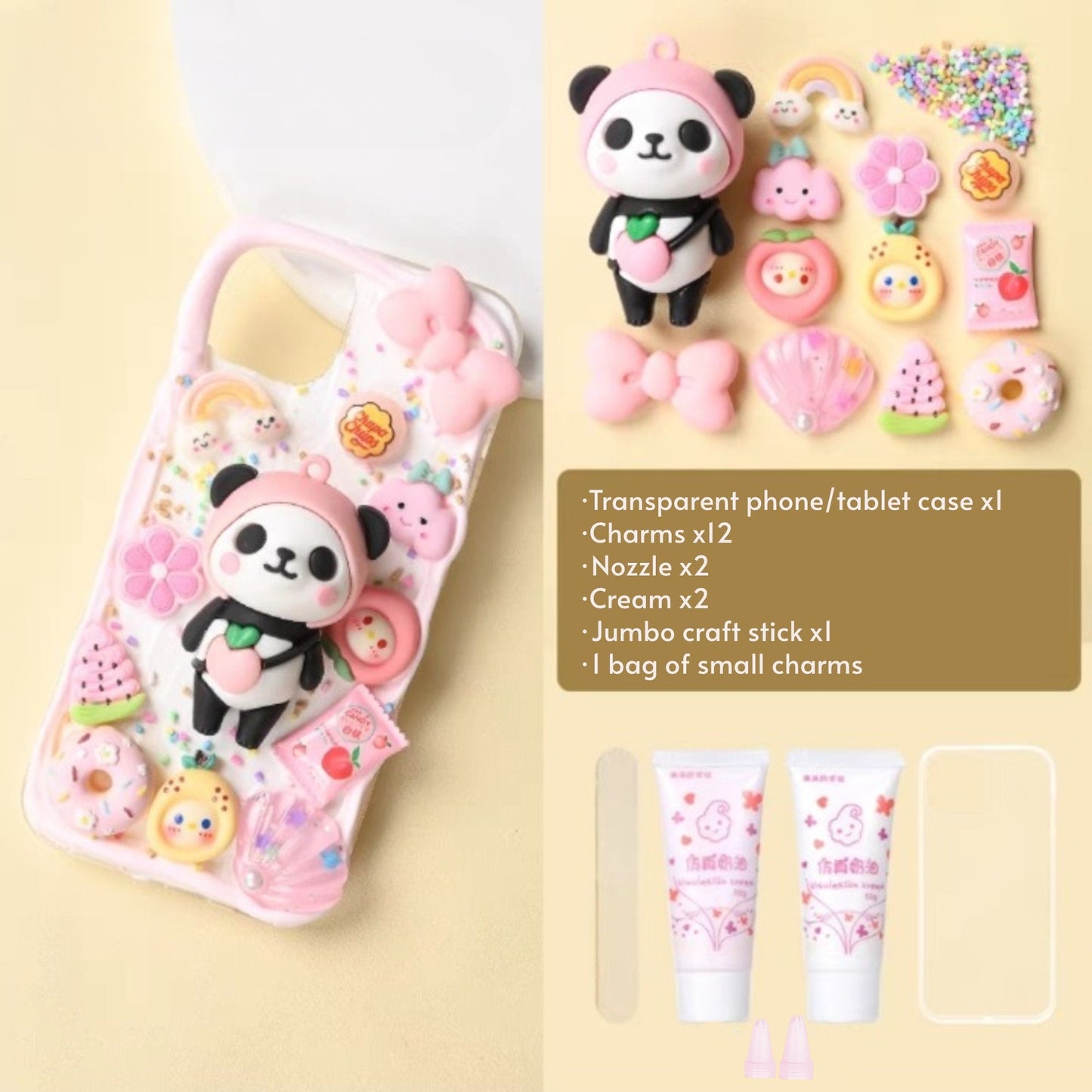 Decoden Custom Phone Case DIY Craft Kits | Kawaii Panda Peach Pineapple Hat Bag Candy Charms | Samsung Android iPhone