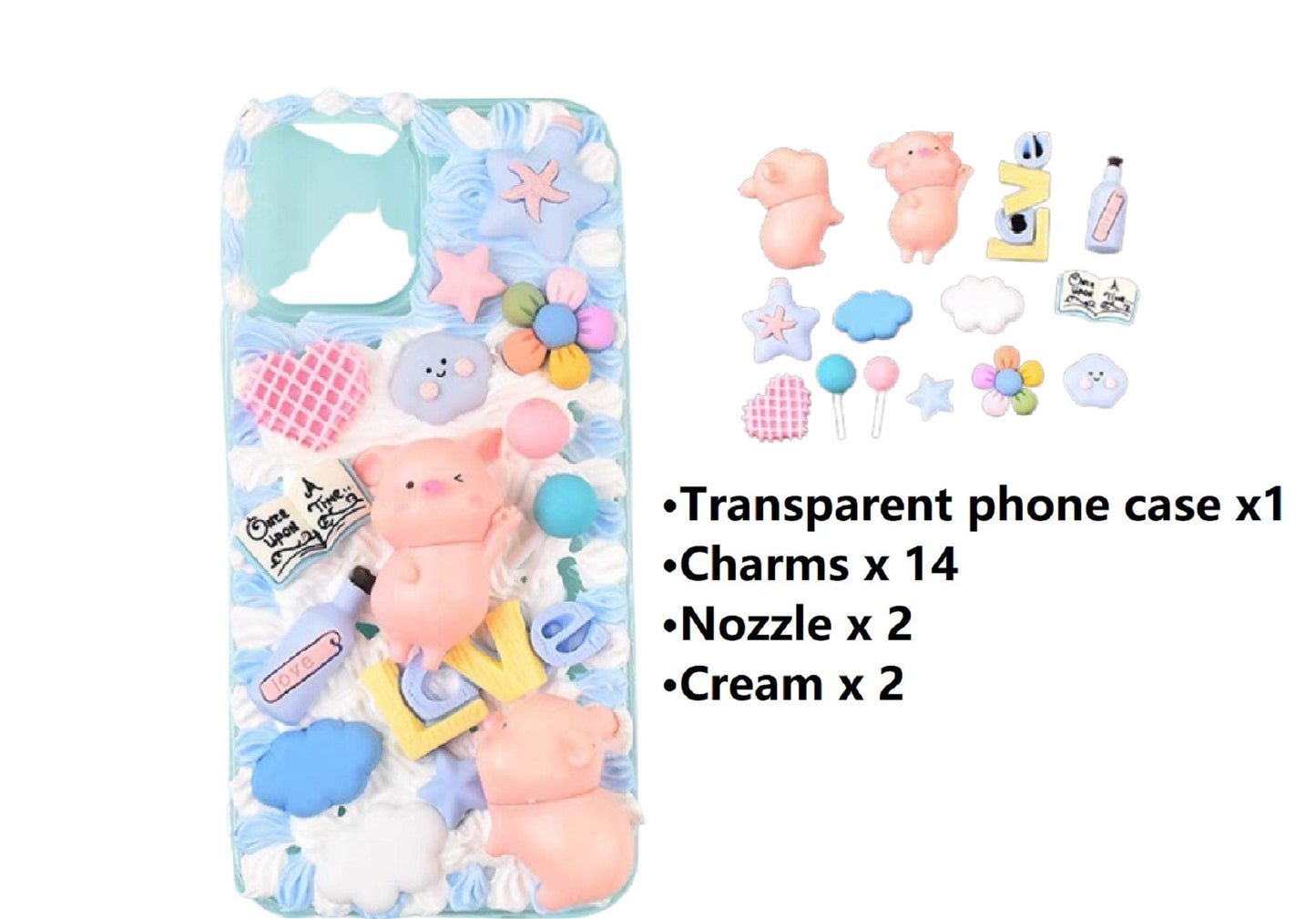 Decoden Custom Phone Case DIY Craft Kits | Kawaii Pig Candy Clouds Flowers Food Hearts Stars Charms | Samsung Android