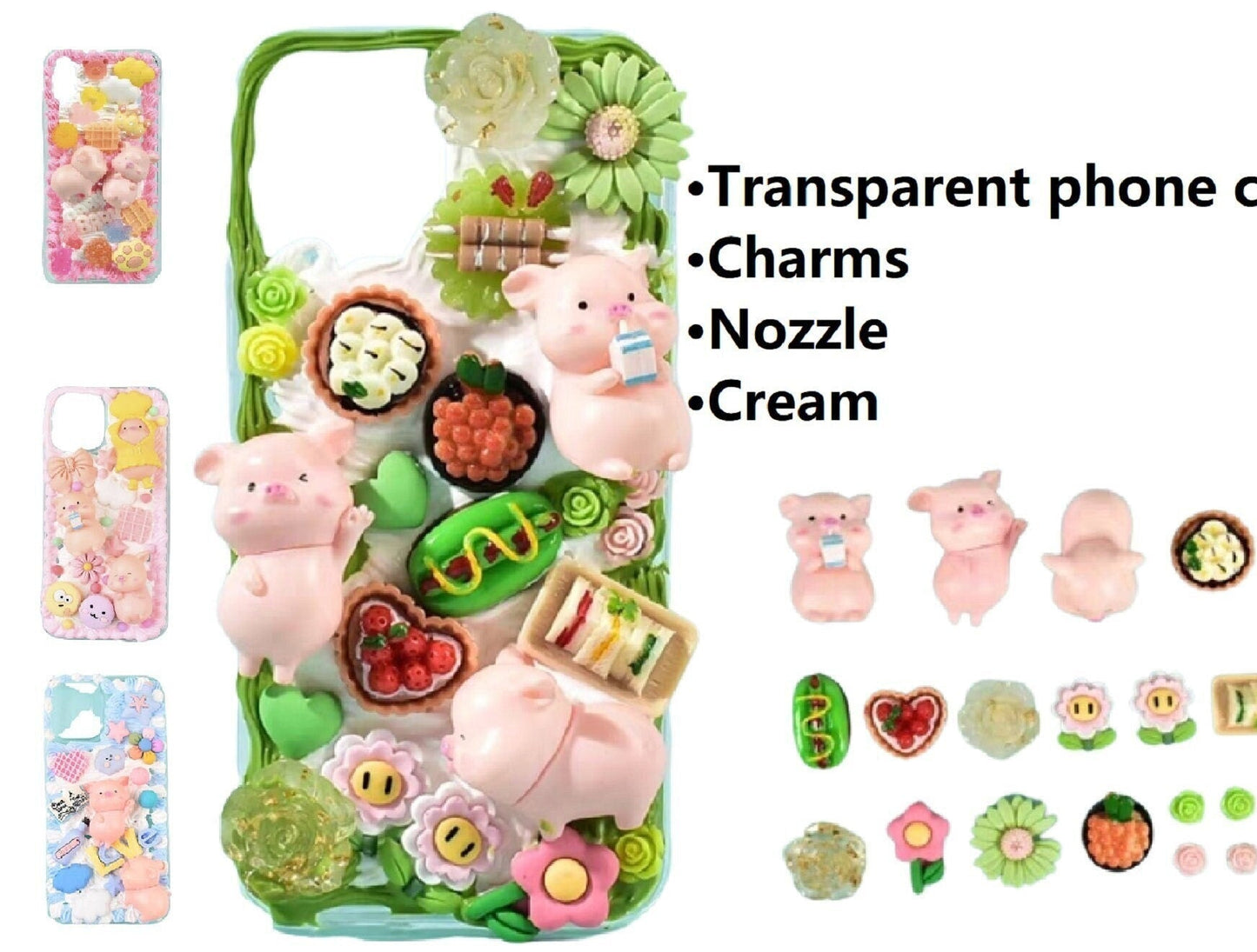 Decoden Custom Phone Case DIY Craft Kits | Kawaii Pig Candy Clouds Flowers Food Hearts Stars Charms | Samsung Android