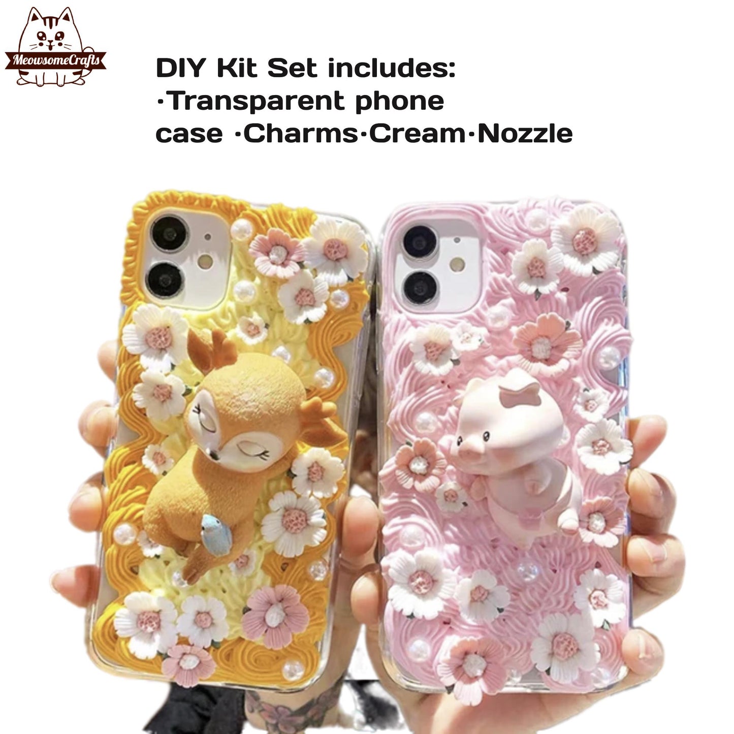 Decoden Custom Phone Case DIY Craft Kits | Kawaii Pig Sika Baby Deer Flowers Daffodils Pearls Charms | Samsung Android