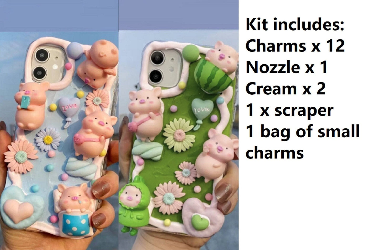 Decoden Custom Phone Case DIY Craft Kits | Kawaii Pig Watermelon Flowers Heart Balloon Candy Charms | Samsung Android
