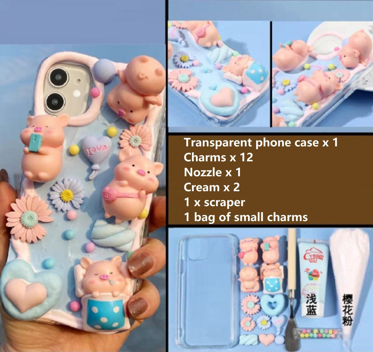 Decoden Custom Phone Case DIY Craft Kits | Kawaii Pig Watermelon Flowers Heart Balloon Candy Charms | Samsung Android
